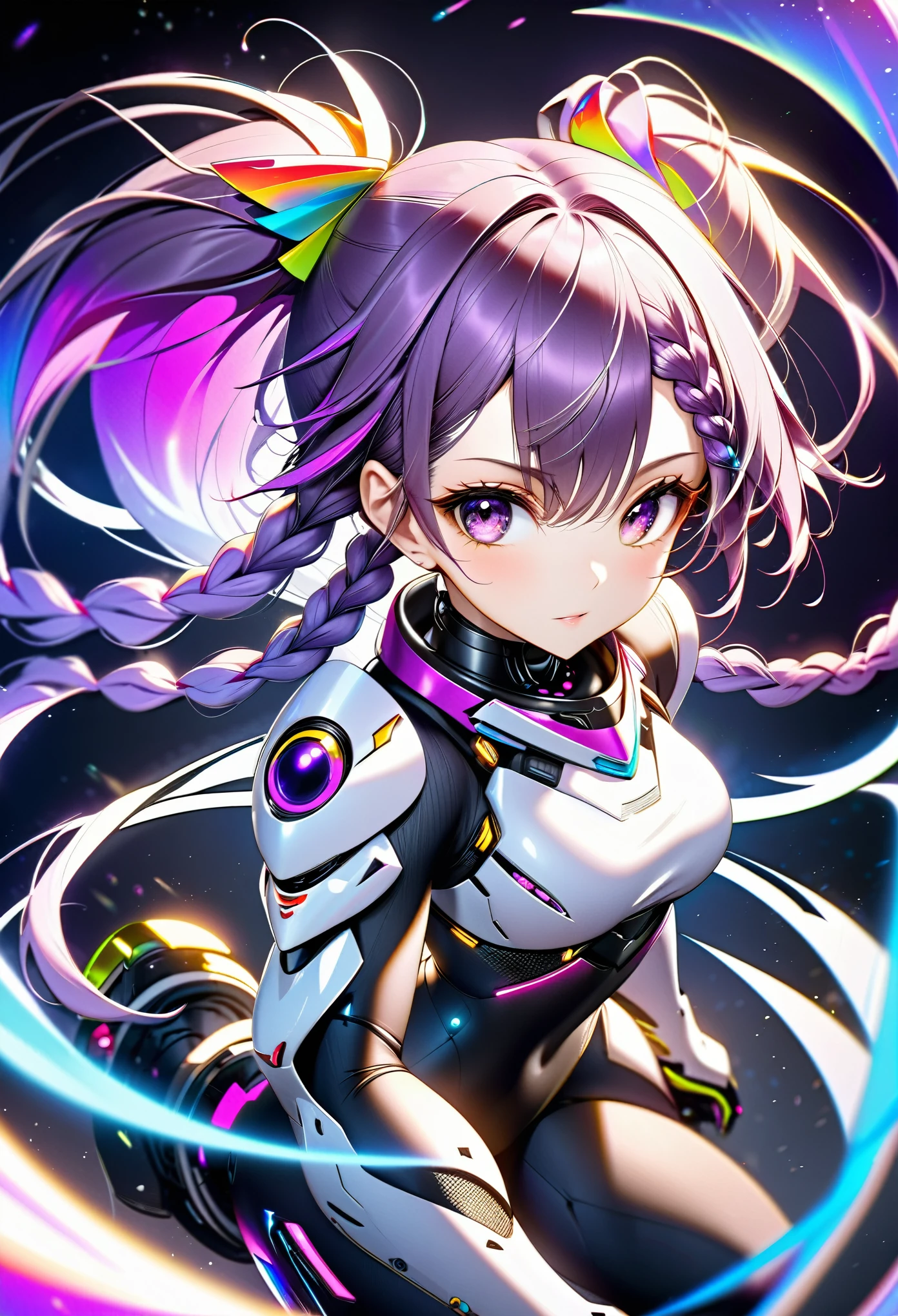 best quality, super fine, 16k, incredibly absurdres, extremely detailed, delicate and dynamic, (two beautiful female cyber warriors, the two are close:1.3), background black and purple swirling black hole, galaxy AND (best quality, super fine, 16k, incredibly absurdres, extremely detailed, delicate and dynamic, 1 cute cyber warrior with purple eyes and braided low twin tails with gradient from white to purple at the ends) AND (best quality, super fine, 16k, incredibly absurdres, extremely detailed, delicate and dynamic, 1 cool beauty cyber warrior with gold eyes and rainbow-colored ponytail with braided sides), motion blur, action blur, various image effects