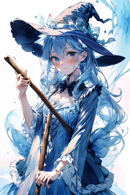 Under the sea, wizard witch, moe, witch, calm, (healing), beautiful sea, stirring a big pot with a long stick, sandwich, eating, watercolor, full body, (cute wizard witch living in the sea), (delicate, fine lines, cherry blush, fair skin, slender body, long eyelashes, attractive and sparkling big eyes)), ((detailed, long cute witch dress with lots of ribbons, lace and frills)), ((witch clothes, witch hat on head)), making medicine. ((watercolor style, moe anime textures)), world full of mysterious light, ((cute)), gentle, healing, magical fantasy, (((top quality, highest image quality))),There are cats