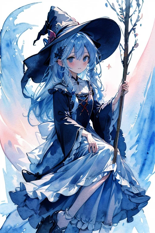 Under the sea, wizard witch, moe, witch, calm, (healing), beautiful sea, stirring a big pot with a long stick, sandwich, eating, watercolor, full body, (cute wizard witch living in the sea), (delicate, fine lines, cherry blush, fair skin, slender body, long eyelashes, attractive and sparkling big eyes)), ((detailed, long cute witch dress with lots of ribbons, lace and frills)), ((witch clothes, witch hat on head)), making medicine. ((watercolor style, moe anime textures)), world full of mysterious light, ((cute)), gentle, healing, magical fantasy, (((top quality, highest image quality))),There are cats