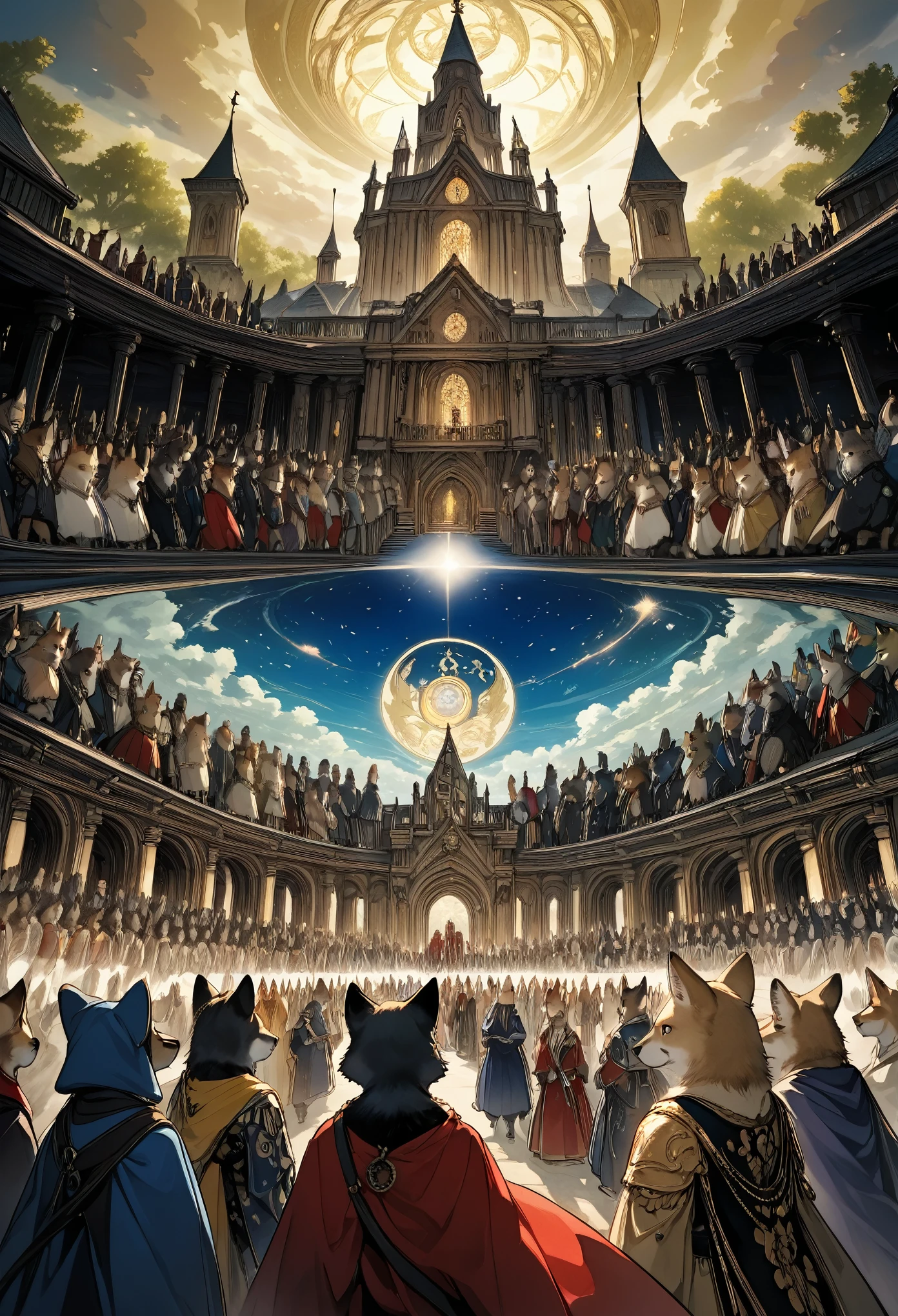 dynamic angle, top quality, best quality, High-quality illustrations, masterpiece, super high resolution, detailed background, detailed background, alchemist, medieval Europe, chandelle, group shot:0.1, 6+boys, 6+girls, absurdres(highly detailed beautiful face and eyes)perfect anatomy, expression, good lighting, cinematic shadow(kemono, furry anthro),