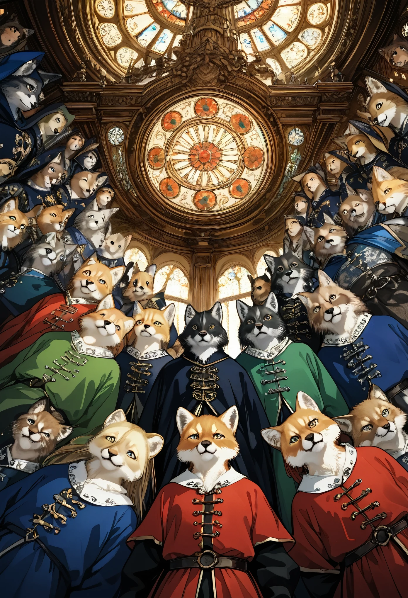 dynamic angle, top quality, best quality, High-quality illustrations, masterpiece, super high resolution, detailed background, detailed background, alchemist, medieval Europe, chandelle, group shot:0.1, 6+boys, 6+girls, absurdres(highly detailed beautiful face and eyes)perfect anatomy, expression, good lighting, cinematic shadow(kemono, furry anthro),