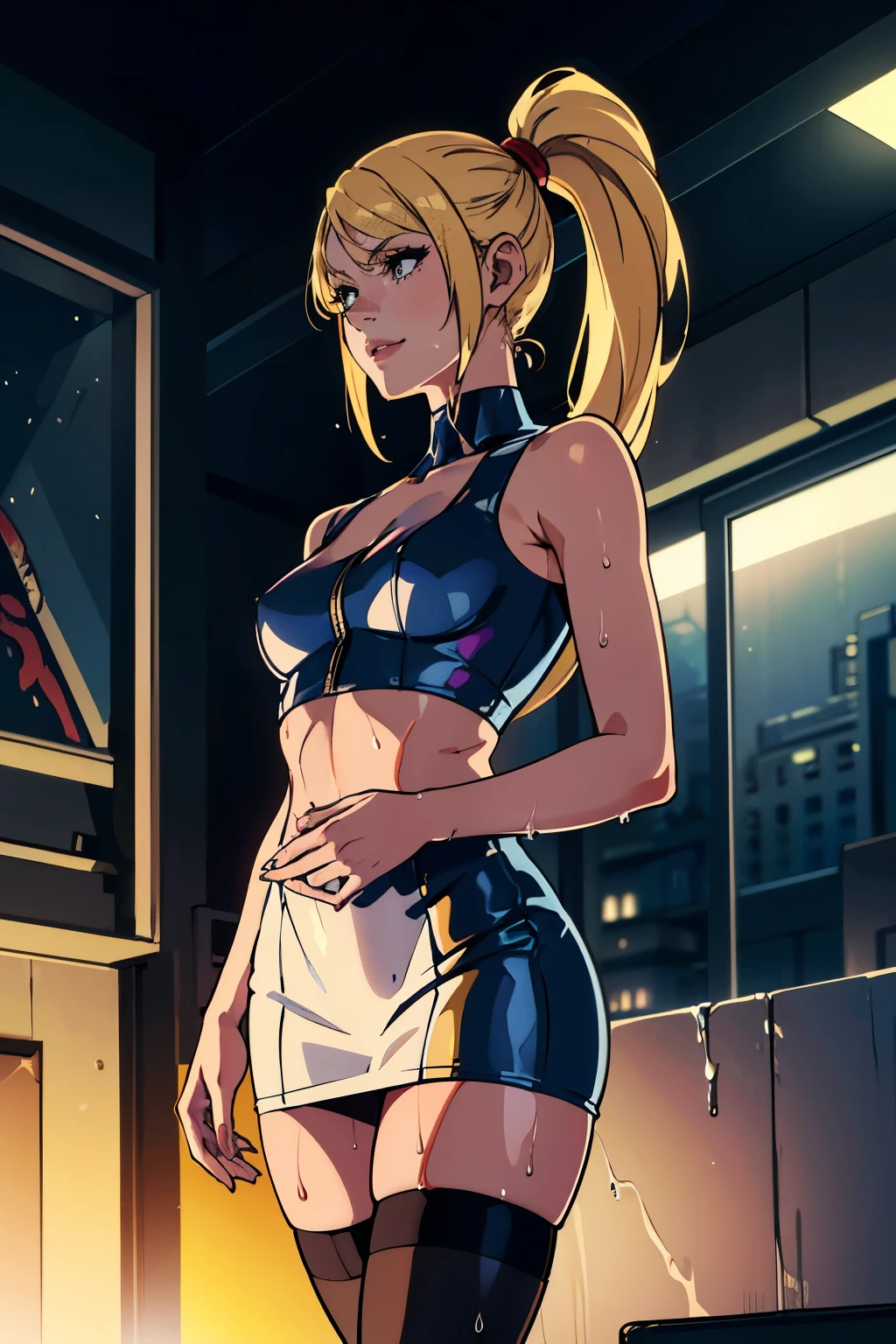 samus aran, ponytail, hair tie, white short pencil skirt, white crop top, tiny waist, skinny, slim, knees, black thigh-highs, smile, blonde hair, wet, see-through skirt, see-through shirt, wet clothes, wet white shirt
(best quality,4k,8k,highres,masterpiece:1.2),ultra-detailed,(realistic,photorealistic,photo-realistic:1.37),HDR,UHD,studio lighting,ultra-fine painting,sharp focus,physically-based rendering,extreme detail description,professional,vivid colors,bokeh,portraits,landscape,horror,anime,sci-fi,photography,concept artists, vibrant colors,contrast lighting