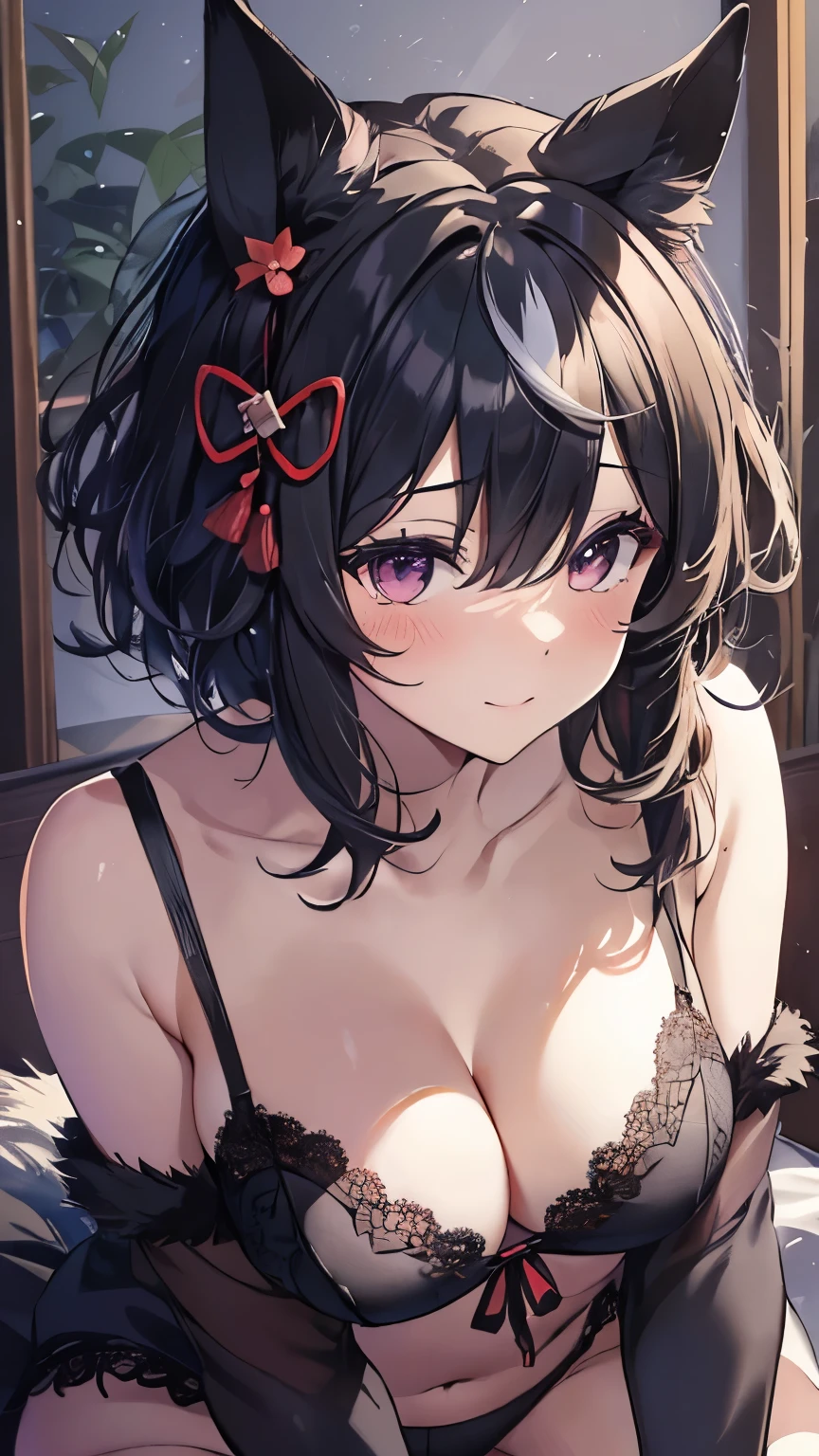 ((masterpiece,highest quality)), Movie angle,(Kitasan black_umamusume),Animal ears, short hair, Striped Hair, hair ornaments, Horse tail,(Black lingerie underwear、Cleavage、Lie down on the bed、Spread your legs、Sexy pose),nice,Long faux fur,hairpin,  alone, Shy smile, blush,Are standing,Looking at the audience,