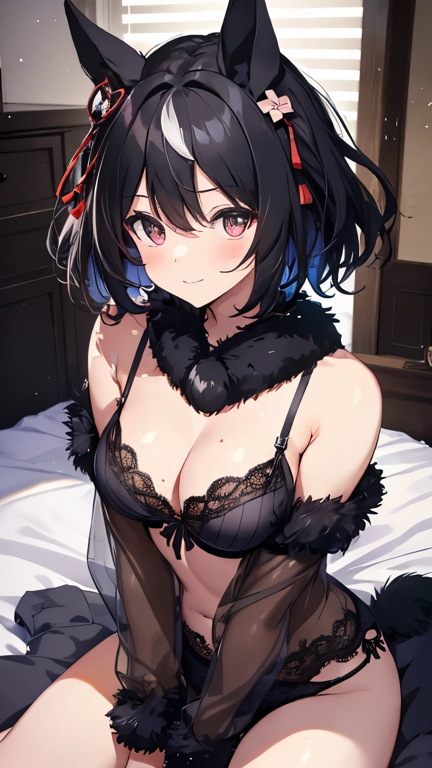 ((masterpiece,highest quality)), Movie angle,(Kitasan black_umamusume),Animal ears, short hair, Striped Hair, hair ornaments, Horse tail,(Black lingerie underwear、Cleavage、Sleeping in bed、Spread your legs、Seductive pose),nice,Long faux fur,hairpin,  alone, Shy smile, blush,Are standing,Looking at the audience,