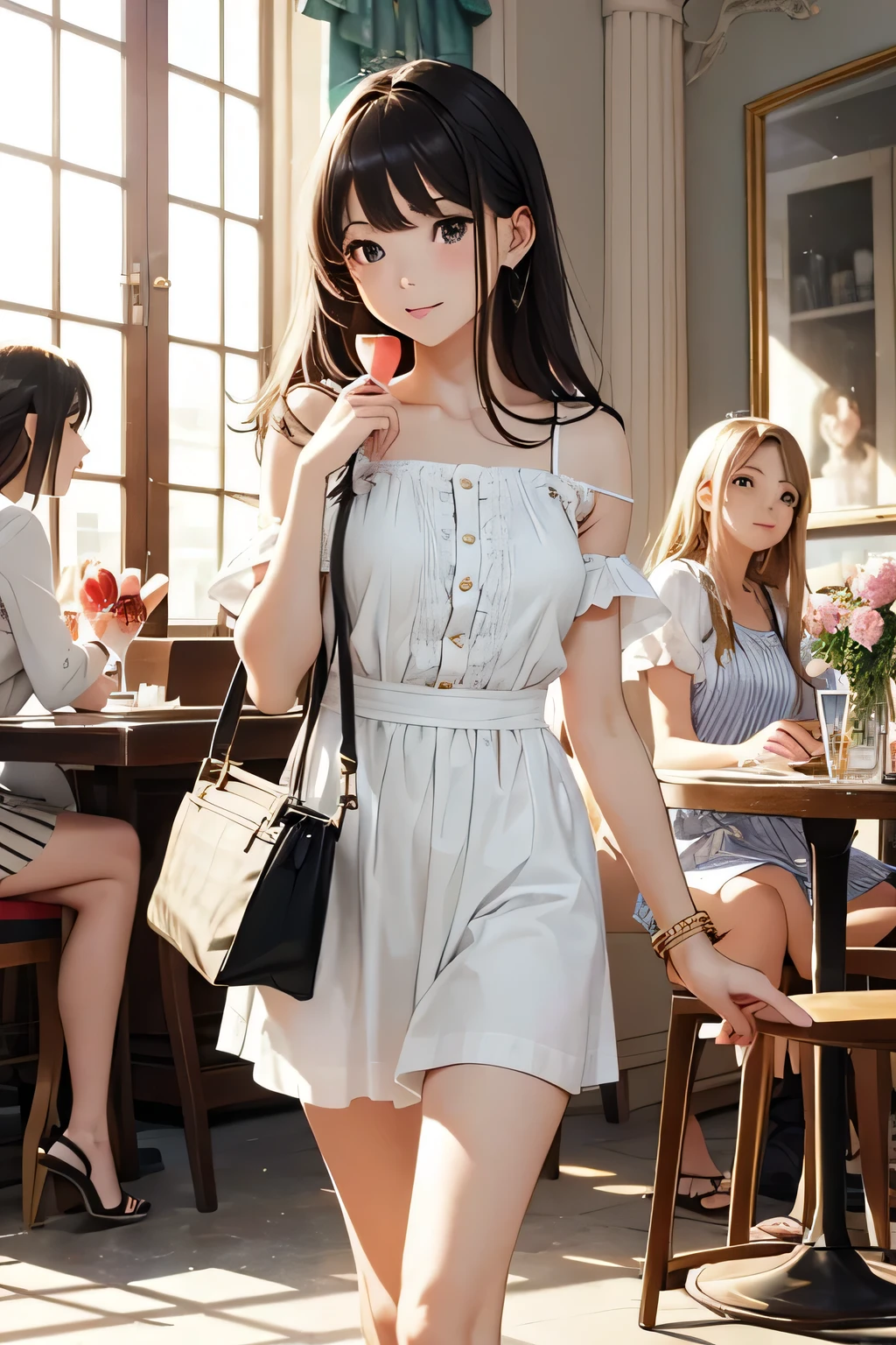 highest quality、High resolution、Detailed Background、(Beautiful face in every detail:1.4)、Anatomically correct、(Draw the correct number of fingers:1.2)、(Detailed facial expressions)、(Detailed eyes:1.2)、Beautiful girl in her 20s、(Highly detailed face:1.4)、cute hair color、cute hairstyle、Wavy Hairstyle、well-groomed eyebrows、cute eye makeup、Cute Lip Makeup、cute gesture、Paris in the Summer、
(Three beautiful girls enjoying French sweets in a cute cafe:1.5)、
Afternoon tea at a cafe、A moment of elegance in a stylish store、
Walking at the Sacré Coeur、A cute photo with a white building in the background、It's nice to stroll around the temple area、
Viewing art at the Louvre、Take a photo surrounded by art in front of world-famous masterpieces、Creates an intelligent and sophisticated atmosphere、
Chiffon blouse、Linen shirt、Camisole etc. White、blue、Refreshing colors such as beige give a mature look.、It's also good to add feminine details such as tiers and ruffles.、
Wide-leg trousers、Culottes skirt、Linen pants etc.、Knee-length or midi-length skirts can give off a mature, feminine vibe.、Denim shorts and culottes are also cute and summery.、
The perfect camisole dress for summer、Short sleeve dress、I-line dresses and other cool materials such as linen and cotton are fashionable、We recommend elegant prints such as small floral patterns and stripes.、
Sandals、It is also good to add elegant gold or silver accessories such as a basket bag.、
The balance of a cool silhouette and elegant details brings out the feminine charm of a grown-up.、
We recommend adding a trendy touch with accessories and small items.、
The overall color scheme is unified to create a mature look.、cute