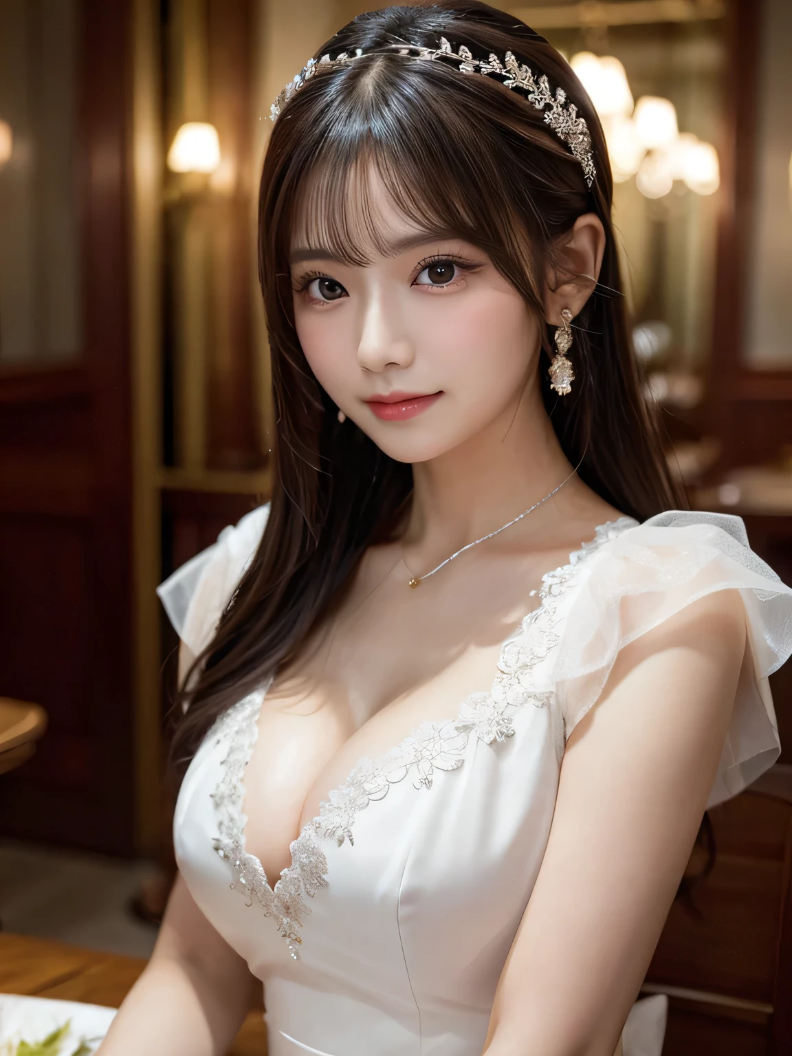 (Eyes on viewer 2.0),(Big Tits 1.8),(A gorgeous Chinese dress with a beautiful cleavage 1.8),(Table Top 1.8),masterpiece,Highest Resolution,Dynamic bust of a beautiful Chinese woman,Delicate black bun,,Black clear eyes,Her hair is covered with beautiful and delicate floral detailing., crystal jewelry filigree,Ultra-detailed details,beauty effect,Soft Lighting。
