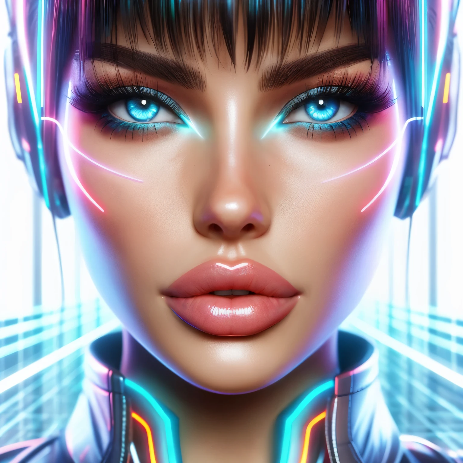 from front, 8k resolution, super detailed, High quality, full white background, abstract background, lip filler, nice lips, big lips, beautiful, medium, blue eye, neon clothes, cyberpunk, backlight, cyberpunk , crystal clear eyes, perfect eyes, perfect teeth