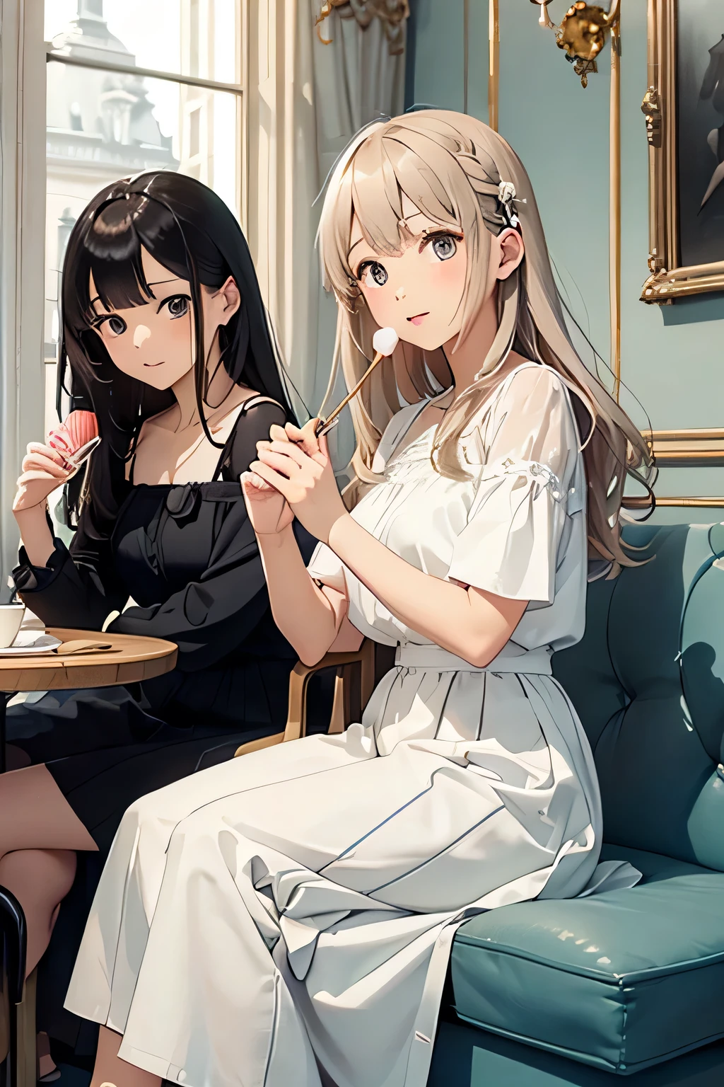 highest quality、High resolution、Detailed Background、(Beautiful face in every detail:1.4)、Anatomically correct、(Draw the correct number of fingers:1.2)、(Detailed facial expressions)、(Detailed eyes:1.2)、Beautiful girl in her 20s、(Highly detailed face:1.4)、cute hair color、cute hairstyle、Wavy Hairstyle、well-groomed eyebrows、cute eye makeup、Cute Lip Makeup、cute gesture、Paris in the Summer、

(Three beautiful girls enjoying French sweets in a cute cafe:1.5)、

Afternoon tea at a cafe、A moment of elegance in a stylish store、
Walking at the Sacré Coeur、A cute photo with a white building in the background、It&#39;s nice to stroll around the temple area、
Viewing art at the Louvre、Take a photo surrounded by art in front of world-famous masterpieces、Creates an intelligent and sophisticated atmosphere、

Chiffon blouse、Linen shirt、Camisole etc. White、blue、Refreshing colors such as beige give a mature look.、It&#39;s also good to add feminine details such as tiers and ruffles.、
Wide-leg trousers、Culottes skirt、Linen pants etc.、Knee-length or midi-length skirts can give off a mature, feminine vibe.、Denim shorts and culottes are also cute and summery.、
The perfect camisole dress for summer、Short sleeve dress、I-line dresses and other cool materials such as linen and cotton are fashionable、We recommend elegant prints such as small floral patterns and stripes.、
Sandals、It is also good to add elegant gold or silver accessories such as a basket bag.、
The balance of a cool silhouette and elegant details brings out the feminine charm of a grown-up.、
We recommend adding a trendy touch with accessories and small items.、
The overall color scheme is unified to create a mature look.、cute
