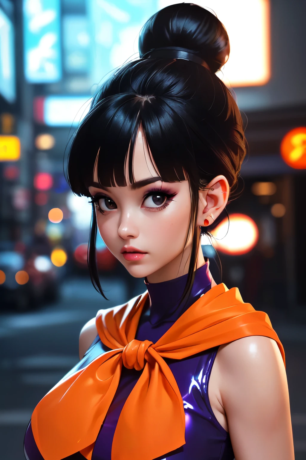 (ultra realistic,32k,RAW photo:1.1),(high detailed skin:1.1), 8k uhd, dslr, high quality, film grain, (makeup, mascara:1.1), lips,(thick\lips\), 
(shiny glossy translucent clothing:1.1), dragon ball, bbchichi, single hair bun, hair bun, blunt bangs, sidelocks, black eyes, earrings, orange neckerchief, orange scarf, purple dress, sleeveless, bracelet, huge breast, 
(looking at viewer, portrait:1.1),, 
 (busty:1.1) ,  (chubby:0.1),(soft shaded neon light:1.1),dark theme, A very clean and well organized contemporary place