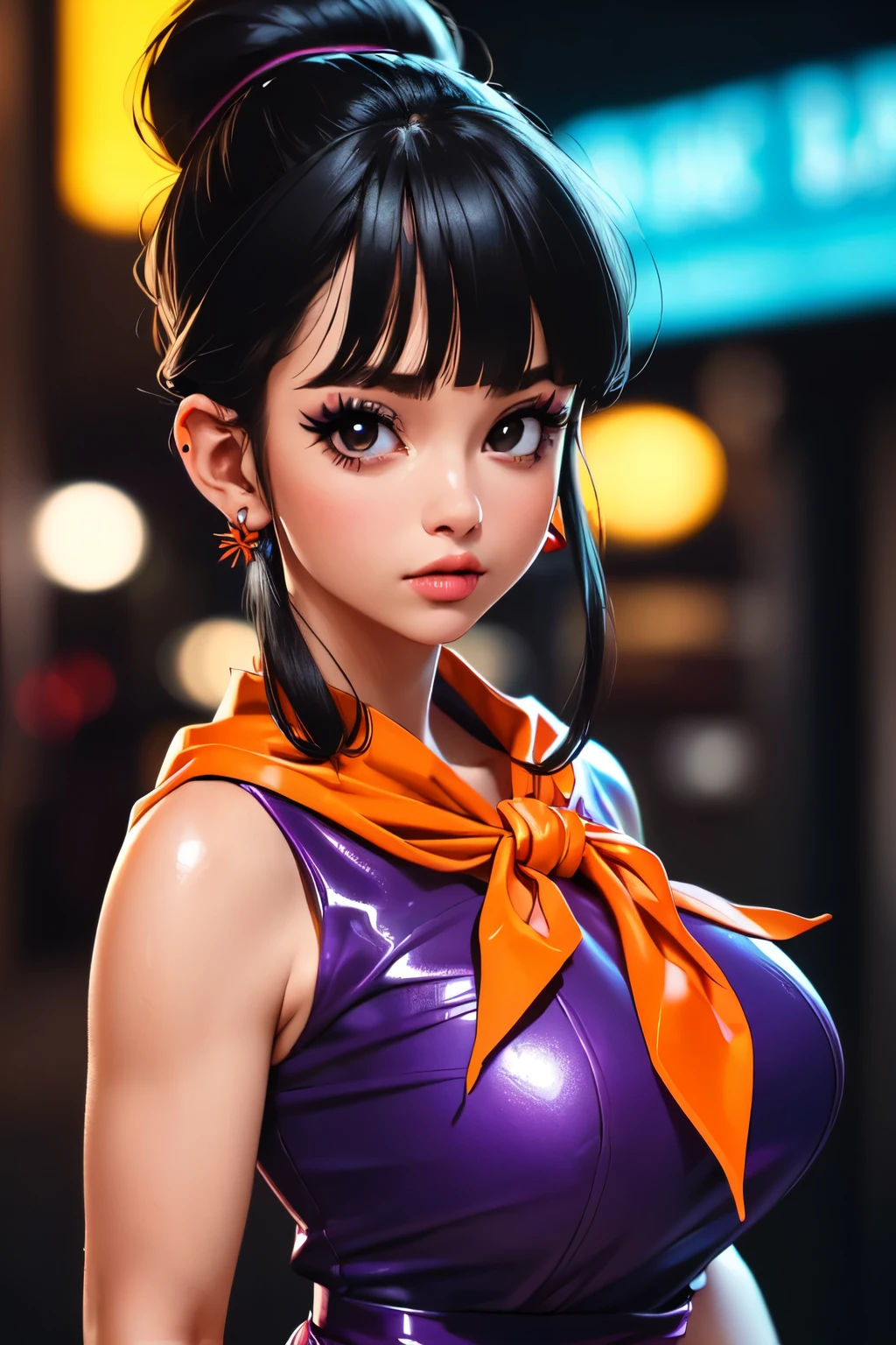 (ultra realistic,32k,RAW photo:1.1),(high detailed skin:1.1), 8k uhd, dslr, high quality, film grain, (makeup, mascara:1.1), lips,(thick\lips\), 
(shiny glossy translucent clothing:1.1), dragon ball, bbchichi, single hair bun, hair bun, blunt bangs, sidelocks, black eyes, earrings, orange neckerchief, orange scarf, purple dress, sleeveless, bracelet, huge breast, 
(looking at viewer, portrait:1.1),, 
 (busty:1.1) ,  (chubby:0.1),(soft shaded neon light:1.1),dark theme, A very clean and well organized contemporary place