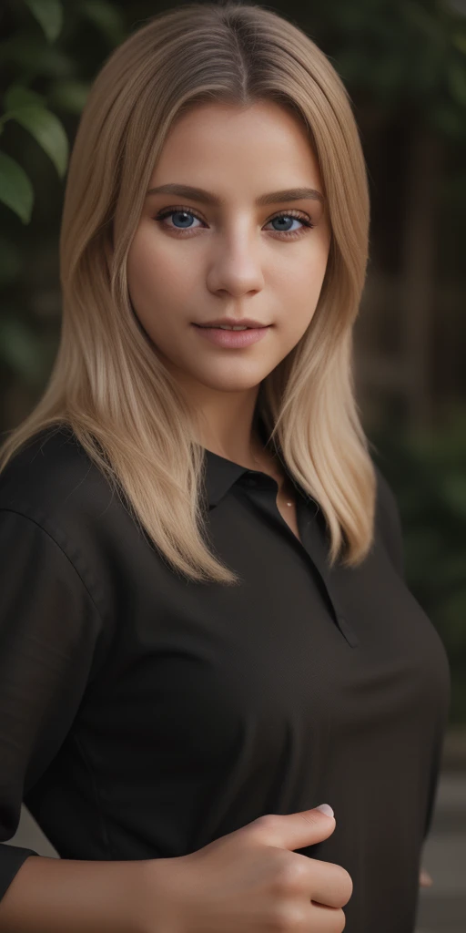 (with a black shirt: 1.2), (RAW photo, best quality), (realistic, photorealistic: 1.4), masterpiece, an extremely delicate and beautiful 2k wallpaper, fine details, amazing and extremely detailed, CG unit, extremely detailed 8k wallpaper, ultra detailed, high resolution, soft light, beautiful detailed girl, blonde hair, extremely detailed eyes and face, beautiful detailed nose, beautiful detailed eyes, perfect anatomy, full body, cinematic lighting, simple background, Full view