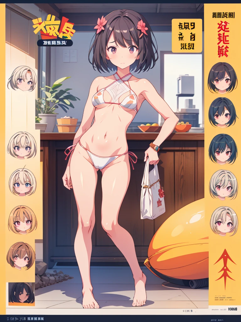 1girl、Standing in front of the viewer、Standing figure、vtuber-fullbody、highest quality、Masterpiece、Official Art、The best composition、Super detailed、short hair、bikini、Small breasts、barefoot、Transparent Background、Character design sheet、