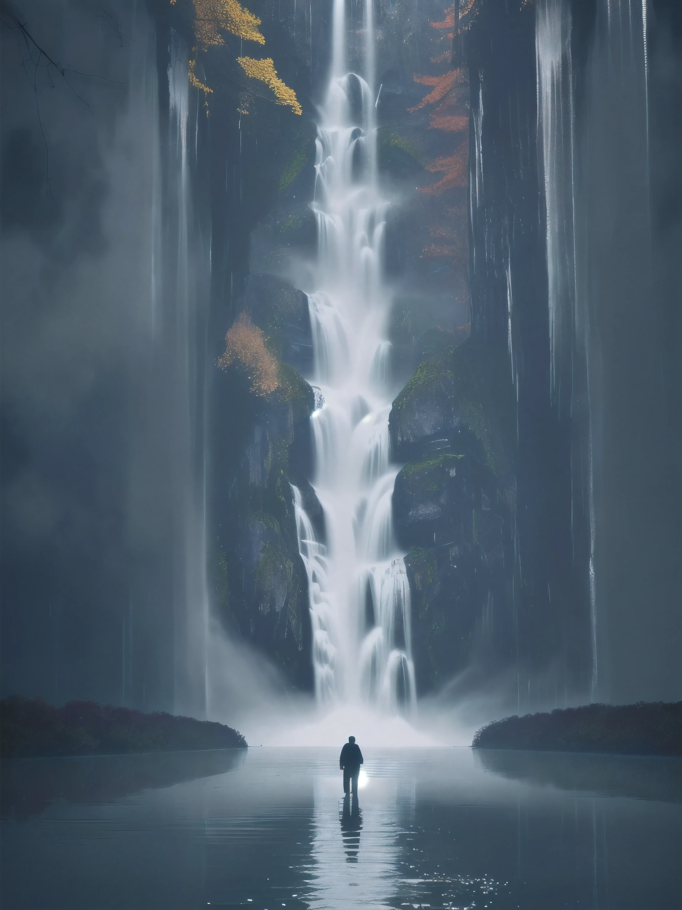 there is a man standing in the water with a Fall, solitude under a Fall, Absolutely outstanding image, inspired author：Hugh Ferris, an endless Fall, Rain, author：Hugh Ferris, Fall, under Fall, heavy rain, Inspired by Christopher Balaskas, under a Fall, Xin Haicheng. —h 2160, rain，The Secret of the Heavenly Book。