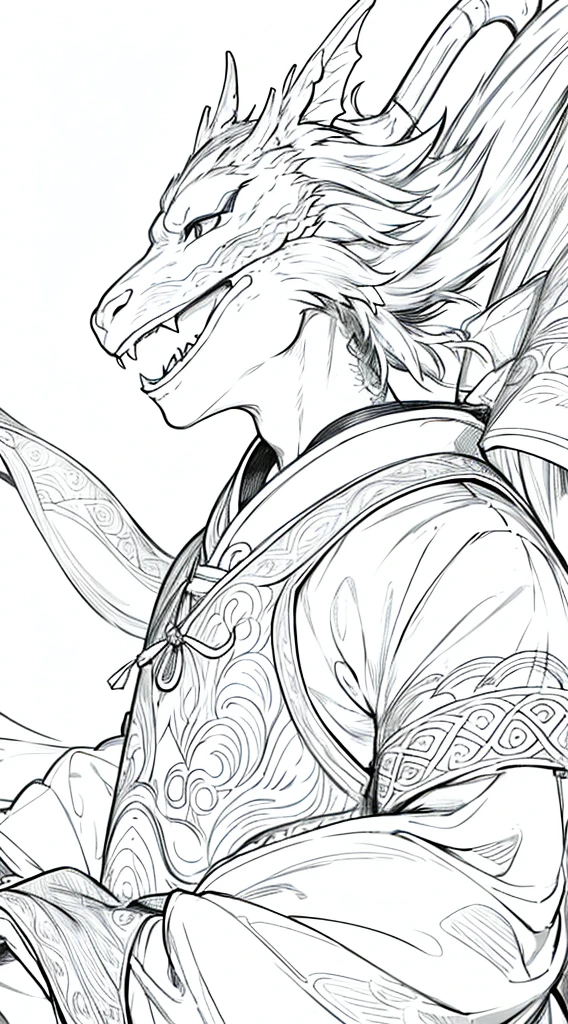 masterpiece, Acura, Happy Dragon, alone, Hanfu, Profile close-up, Fantastic Line art background , White Background, Monochrome, Line art, ((sketch))