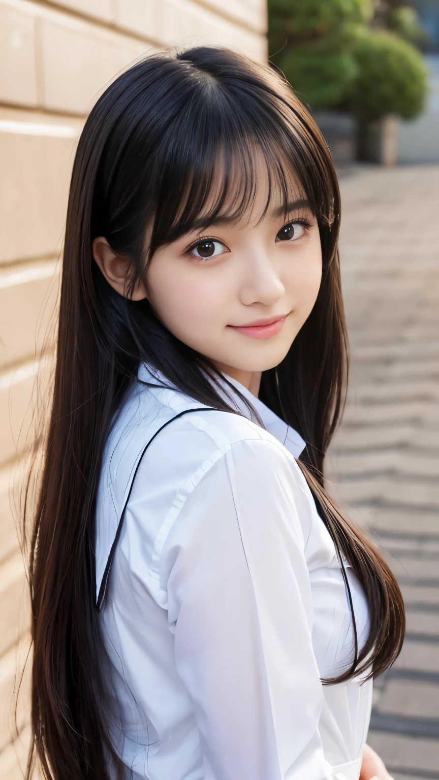 (Best-quality, Masterpiece, Ultra-High-Resolution, (Photorealistic:1.4), Raw Photo, depth of field, professional lighting, perfect anatomy, extremely details), 1girl, 15-years-old, the most famous Japanese idol, in high-school, wearing formal high-school uniform, (extremely cute face like the most popular Japanese idol, ((extremely cute ane extremely big black-eyes)), extremely beautiful hair, extremely beautiful skins, extremely cute long-eyelashes, extremely cute lips), looking at viewer, innocent smile, dynamic pose