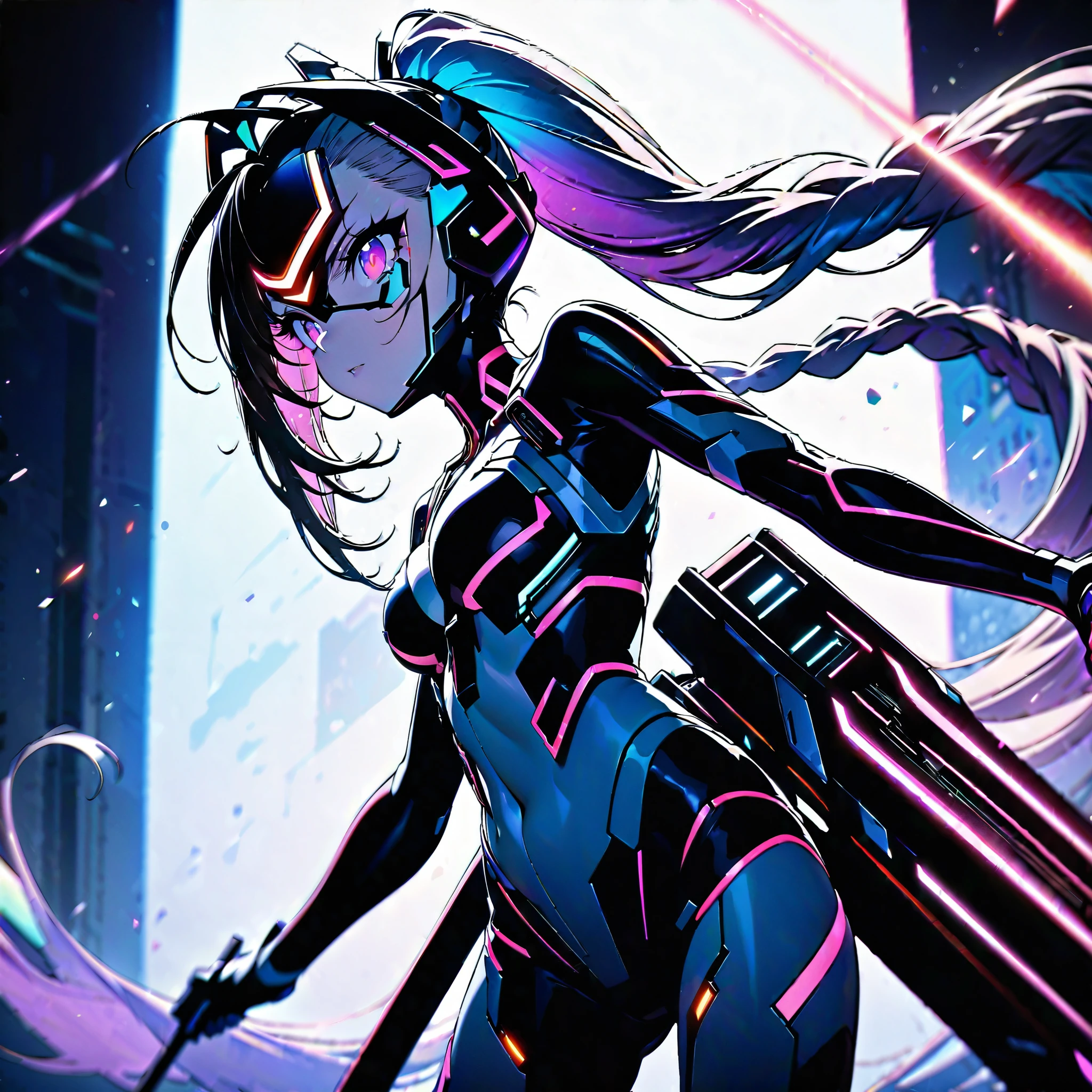 best quality, super fine, 16k, incredibly absurdres, extremely detailed, delicate and dynamic, (two beautiful female cyber warriors:1.5), background black and purple swirling black hole, galaxy AND (best quality, super fine, 16k, incredibly absurdres, extremely detailed, delicate and dynamic, 1 cute cyber warrior with purple eyes and braided low twin tails with gradient from white to purple at the ends) AND (best quality, super fine, 16k, incredibly absurdres, extremely detailed, delicate and dynamic, 1 cool beauty cyber warrior with gold eyes and rainbow-colored ponytail with braided sides), motion blur, action blur, various image effects