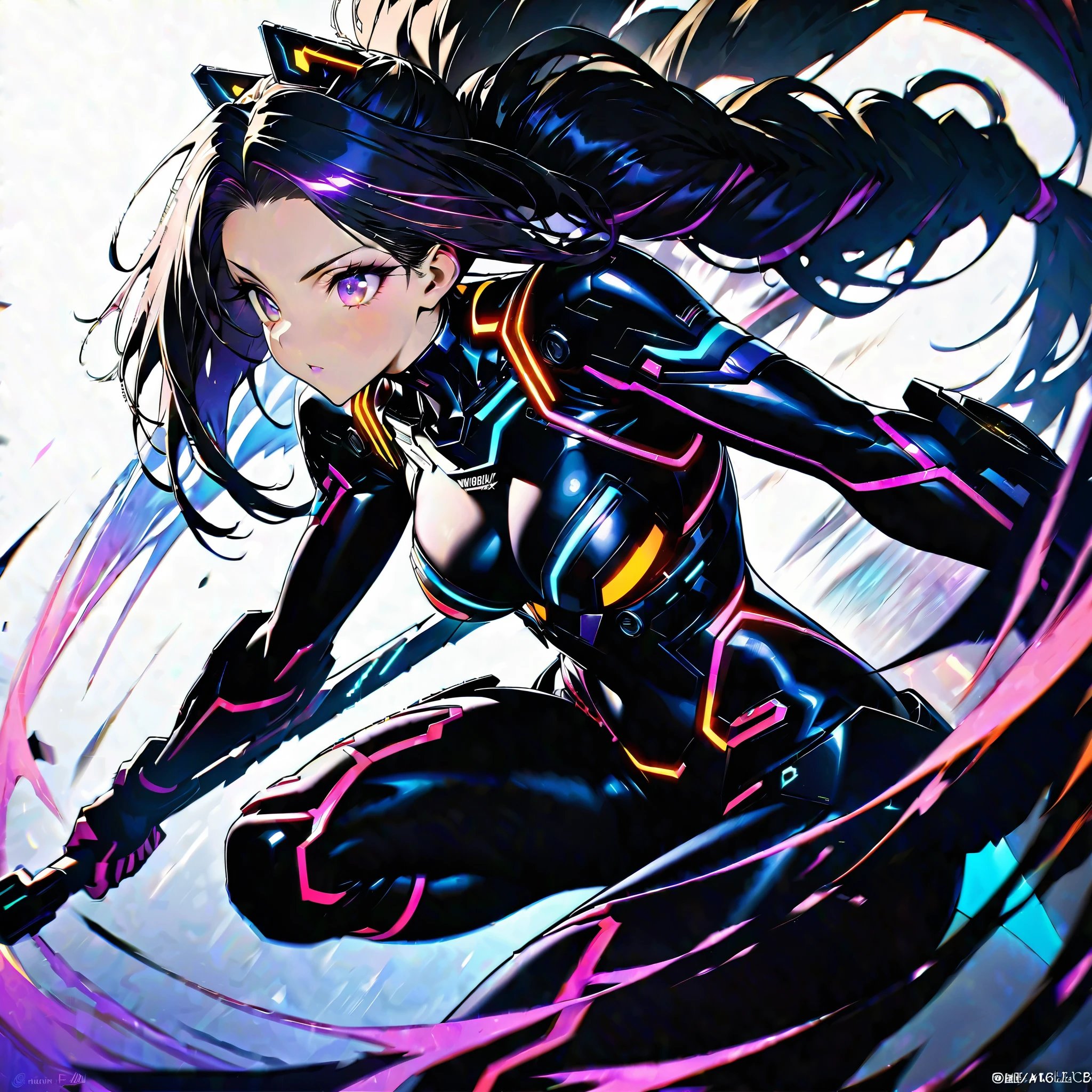 best quality, super fine, 16k, incredibly absurdres, extremely detailed, delicate and dynamic, (two beautiful female cyber warriors:1.5), background black and purple swirling black hole, galaxy AND (best quality, super fine, 16k, incredibly absurdres, extremely detailed, delicate and dynamic, 1 cute cyber warrior with purple eyes and braided low twin tails with gradient from white to purple at the ends) AND (best quality, super fine, 16k, incredibly absurdres, extremely detailed, delicate and dynamic, 1 cool beauty cyber warrior with gold eyes and rainbow-colored ponytail with braided sides), motion blur, action blur, various image effects