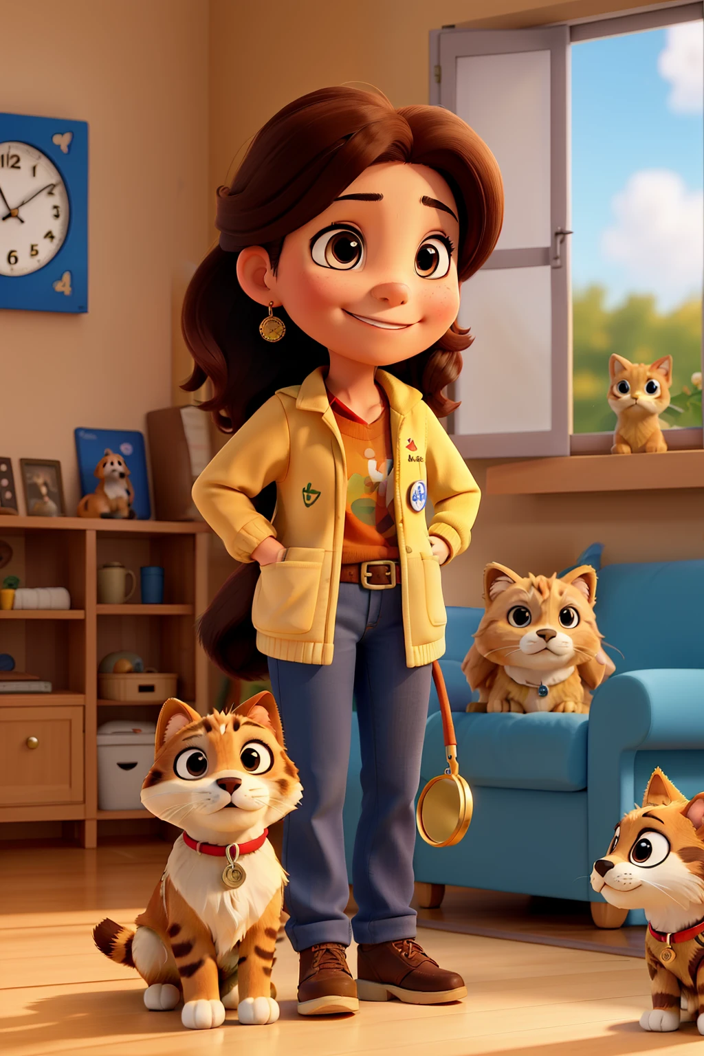 A smiling Latina veterinarian woman hugged an eye-pierced Golden Retriever affectionately, with a cat painted with brown stripes on his arm next to him. The room was illuminated by a soft, warm light that came from a window overlooking the street., reflejando la belleza en los ojos de la mujer. His clothing was casual and practical., according to your profession, pero llena de calidez y amor. The dog's eyes stayed fixed on its owner's face, expresando la