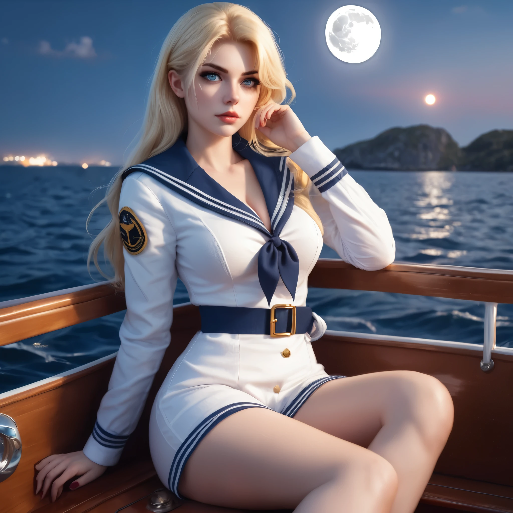 a woman in a sailor outfit sitting on a boat, in style of artgerm, moon shining, cosplay, a sexy blonde warrior,  trevor brown style, anime colours, award - winning epic painting, lunar cycles, photo realistic, 8k vibrant colors