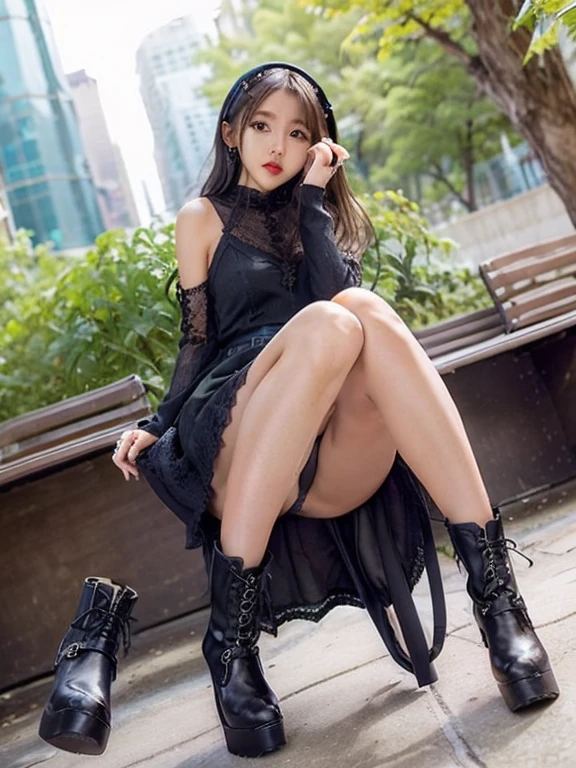 In the city　Sitting on a bench　dress mini skirt、Lace panties、Hands Up、Knee-high boots、Low - Angle、front