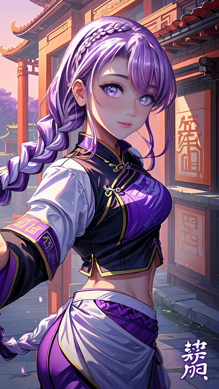 (athletic body:1.3) , Beautiful, Detailed portrait, official art  , medium breast ,wallapaper ,ART DIGITAL , HDR , 8K , vivid colours , medium brest ,(masterpiece:1.2) , purple eyes , adult teenager with(Purple White Gradient Long Hair white ponytail braided hair:1.4), (wearing a purple red futuristic style outfit), with white evening gloves, white long pants and purple futuristic skirt, in the beautiful new year chinese sky:1.2, with her , high quality , high details , at a night , Chinese festival in the garden of a beautiful traditional Chinese temple , lake backgroud ,beautiful detailed face , expressions ,style cyberpunk , high details , scam ,((dance and happily)) little happy lion dragon in background .