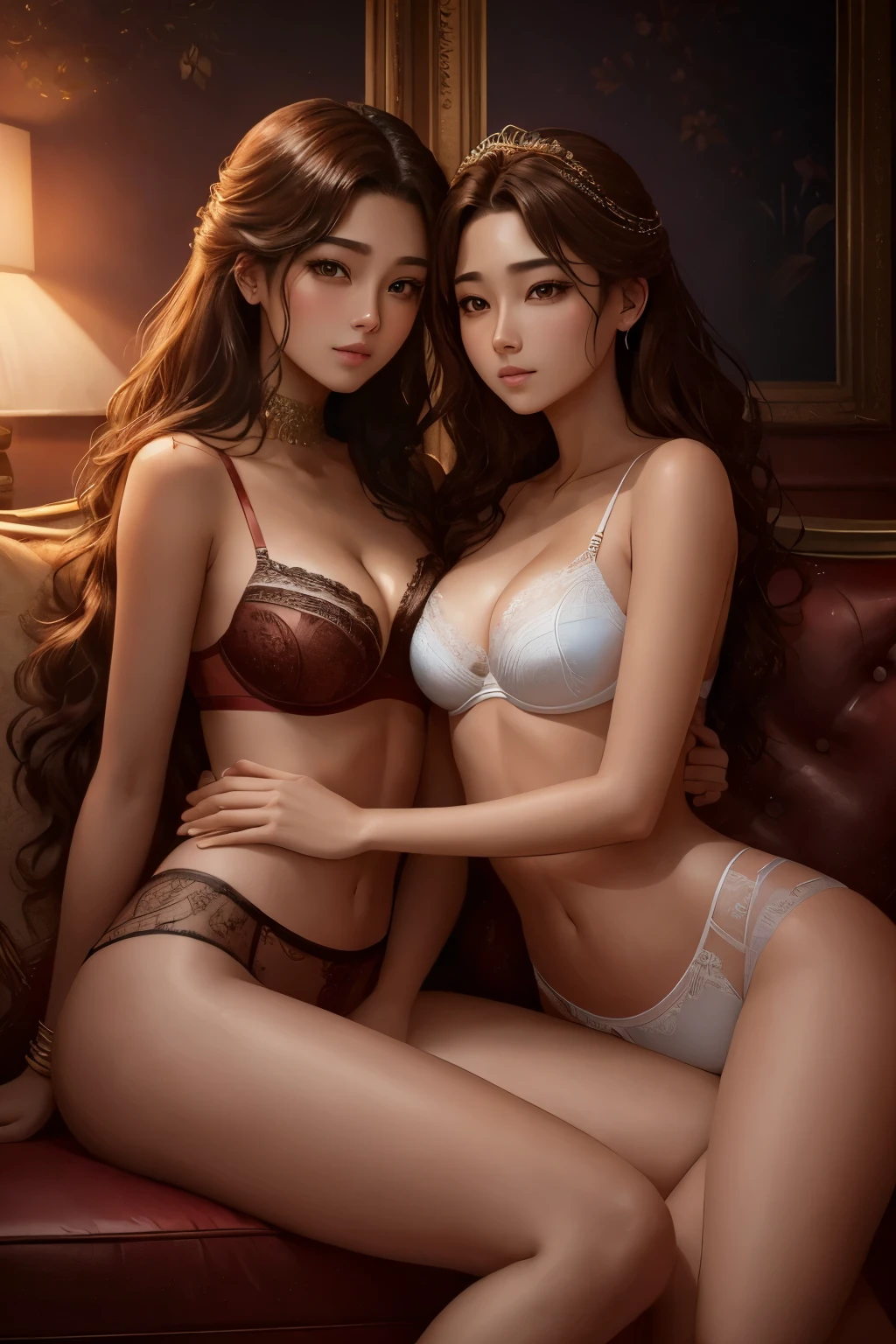 High-Quality 4K Artistic Render, Intimate Scene, Two Captivating Women, Alena Aenami and Lilia Alvarado, Enchanting Poses, Tithi Luadthong and Wlop, Representing Lesbian Art, Captivating on CGStation, Sensual and Seductive, Highly Detailed, Two Women in Alluring Lingerie Sitting on a luxury Sofa in a Romantic Room, Playful Kiss, Passionate Poses, Artistic Style of Sakimichan and Painterly Sensuality, Trending on Platforms, Detailed Face, Long, Wavy Hair, Deep Brown Eyes, L