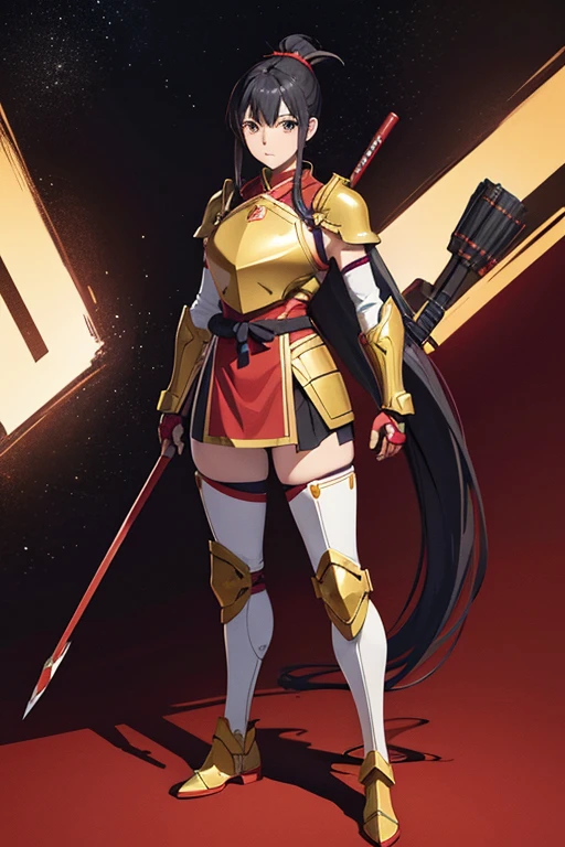 Anime drawings、Full body portrait、Space SF General、A well-built woman, standing upright, about 180cm tall, about 48 years old, wearing red armor、Dignified look、Long straight hair tied up in one ponytail、Black Hair、Wearing a Japanese-style red breastplate, gauntlets and shin guards