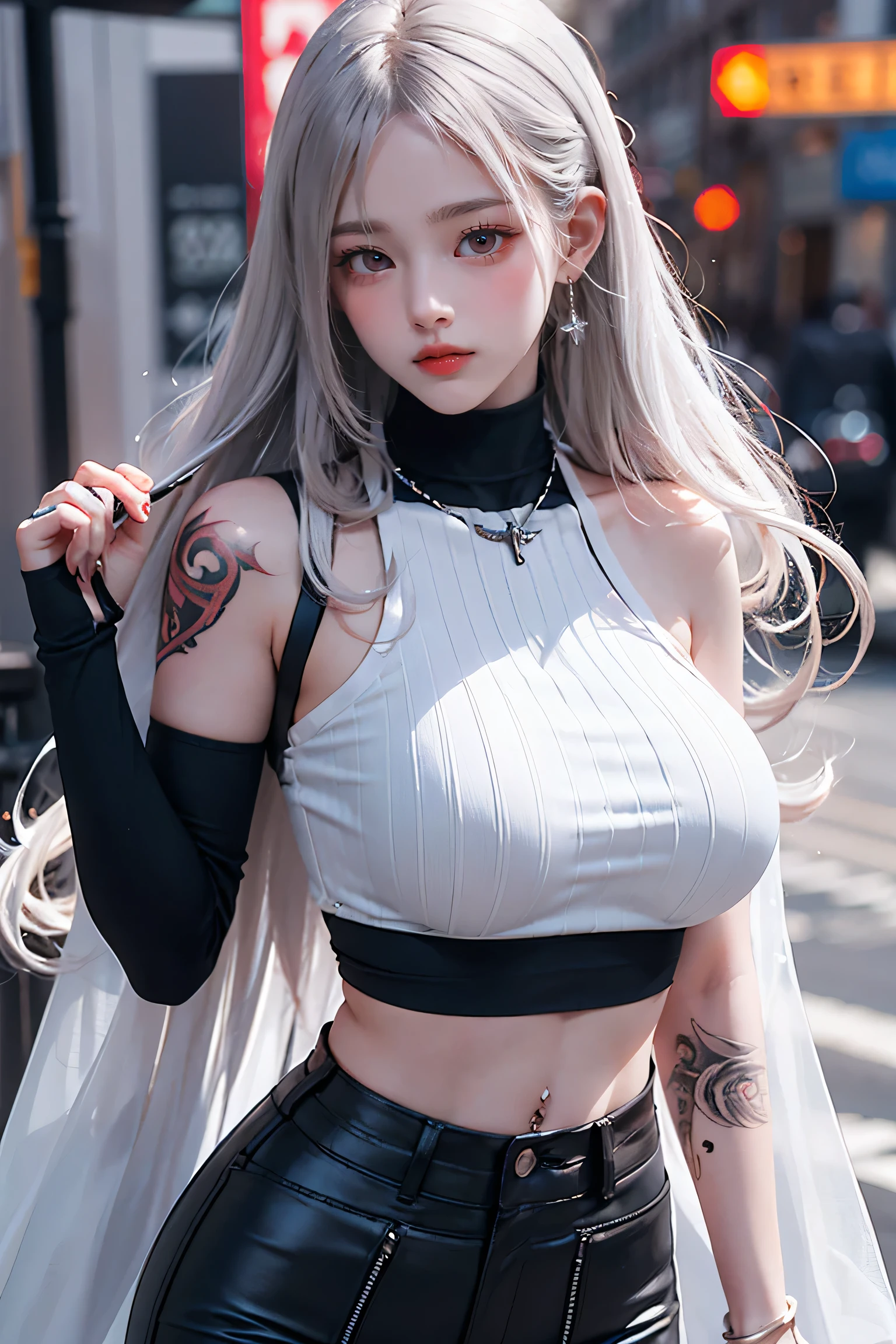 Beautiful female college student in the city，masterpiece，light makeup，Red Lip，Silver Hair，Disheveled long hair，Street Background，Grace，grace。Ultra-fine detailasterpieces，Authentic texture，Realism in film lighting，Perfect piece，8k，KHD，Delicate facial features，White skinny turtleneck top，White skin，Slim figure，Big bright eyes，Smooth skin，ear discharge，Choker Necklace,(((He has many tattoos all over his body)), (((Tight waist))), ((Big Breasts)),(See-through)，(panties)