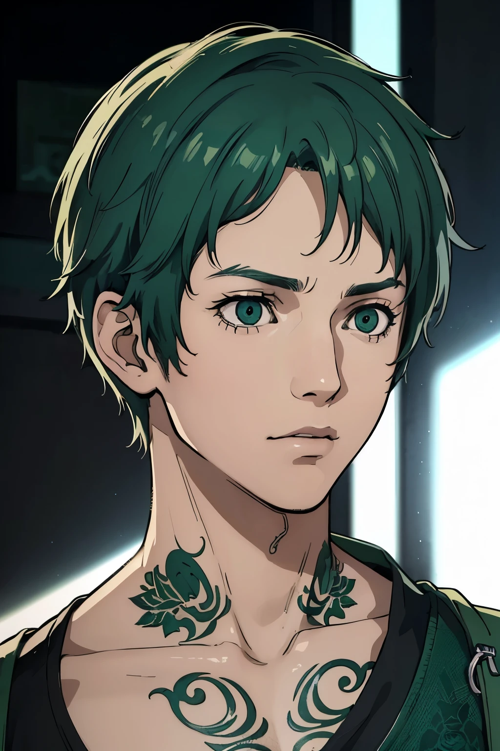 a boy with green hair, detailed tattoos covering his neck, wearing a dark-colored oculus with a skater outfit, (best quality,4k,8k,highres,masterpiece:1.2),ultra-detailed,(realistic,photorealistic,photo-realistic:1.37),extremely detailed face and eyes, detailed tattoos, portrait, skater fashion, cinematic lighting, moody atmosphere, with clothes, full body