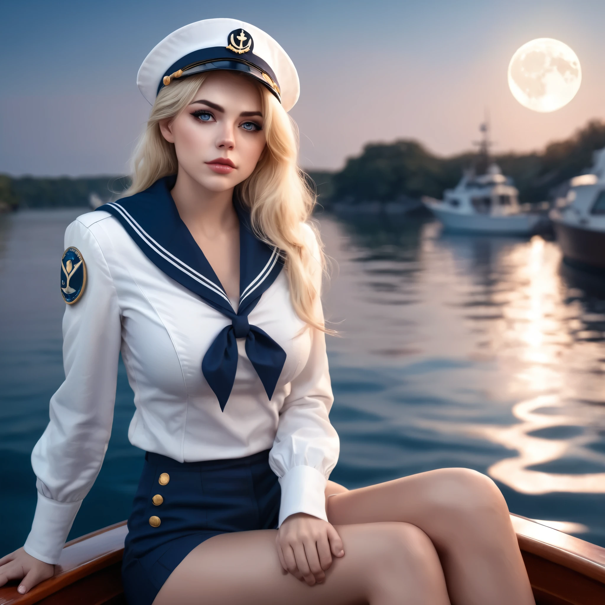 a woman in a sailor outfit sitting on a boat, in style of artgerm, moon shining, cosplay, a sexy blonde warrior, trevor brown style, award - winning photo, lunar cycles, photo realistic, 8k vibrant colors