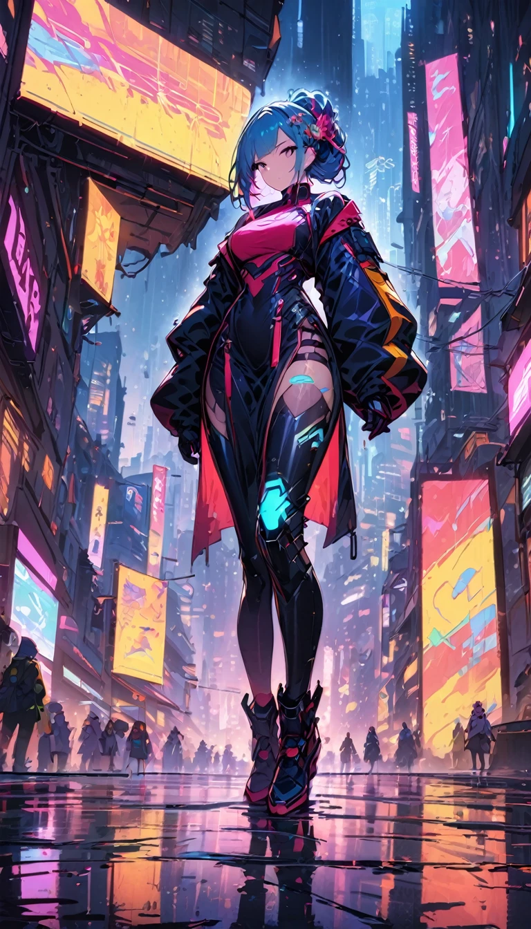 (best quality), (Ultra-fine), (masterpiece), illustration, A girl Chinese costume cyberpunk, （cyberpunk，Chinese clothing，cybernetic implants），looking at camera,hair accessories, bright colors，dynamic lighting，neon lights，glowing city skyline，Holographic projection，future fashion clothing，A combination of traditional and modern elements，Avant-garde makeup，Exquisite hairstyle，confidence and determination，city environment，downpour，Reflections on slippery roadetallic feeling，Mechanical armor, Gorgeous accessories，High-tech products，Impressive cybernetic enhancements，Clear focus，gnarly details, Overclocked rendering, Cinematic edge light, fine light, masterpiece, Super details, epic work, ultra high definition, high quality, 32k There is a cat nearby