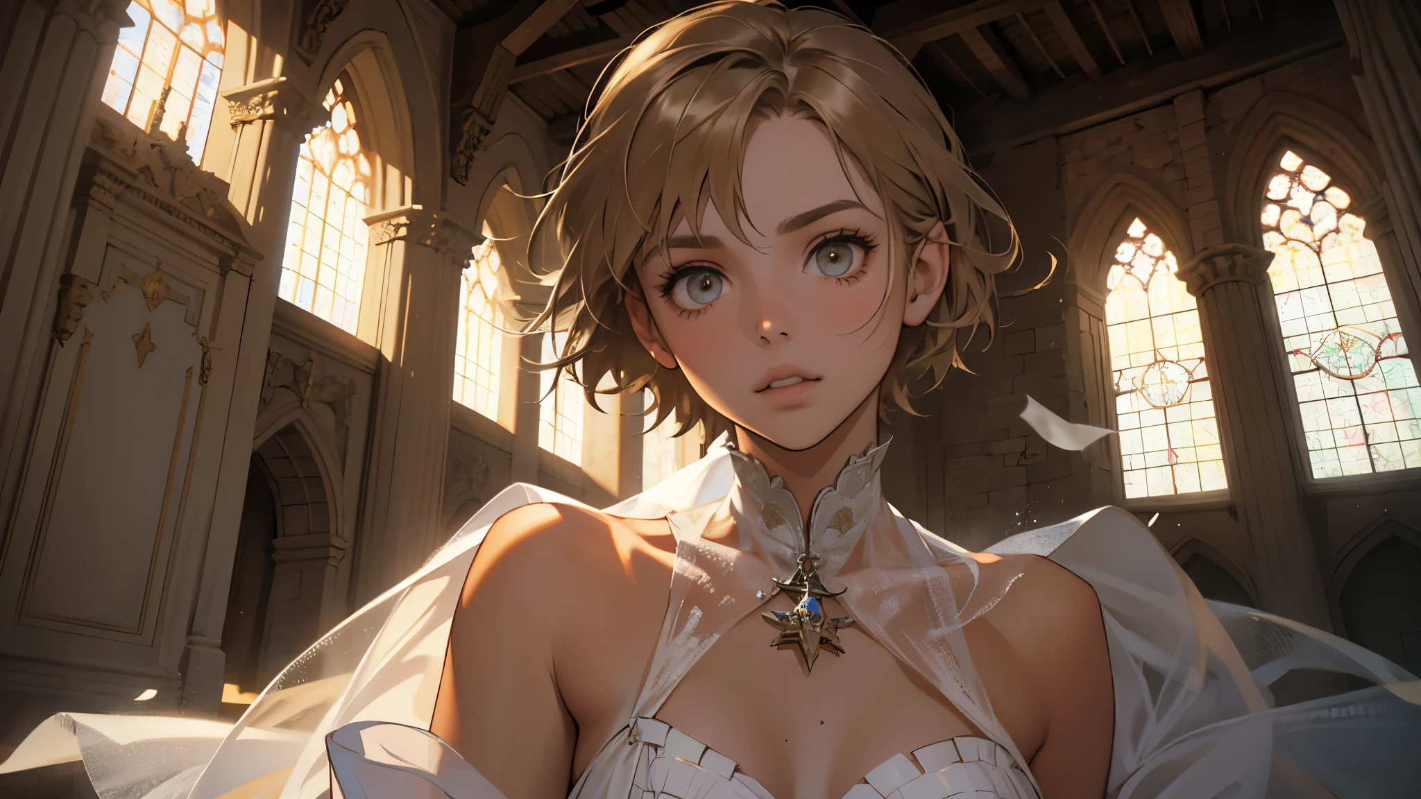 masterpiece, ultra detailed, 8K Portrait, Raw photo, a portrait photo of girl, Highly detailed face, beautiful and meticulous eyes, ((Fantasy)), 10 year old, young girl, little, dark blonde short hair, brown eyes, Kind face, skinny, (clean white one-piece dress) Fluttering in the wind, ((bare foots)), Midday Sun, Hyper realistic, in a medieval castle, Ambient lighting, Shadow details , strong breeze, Light fog