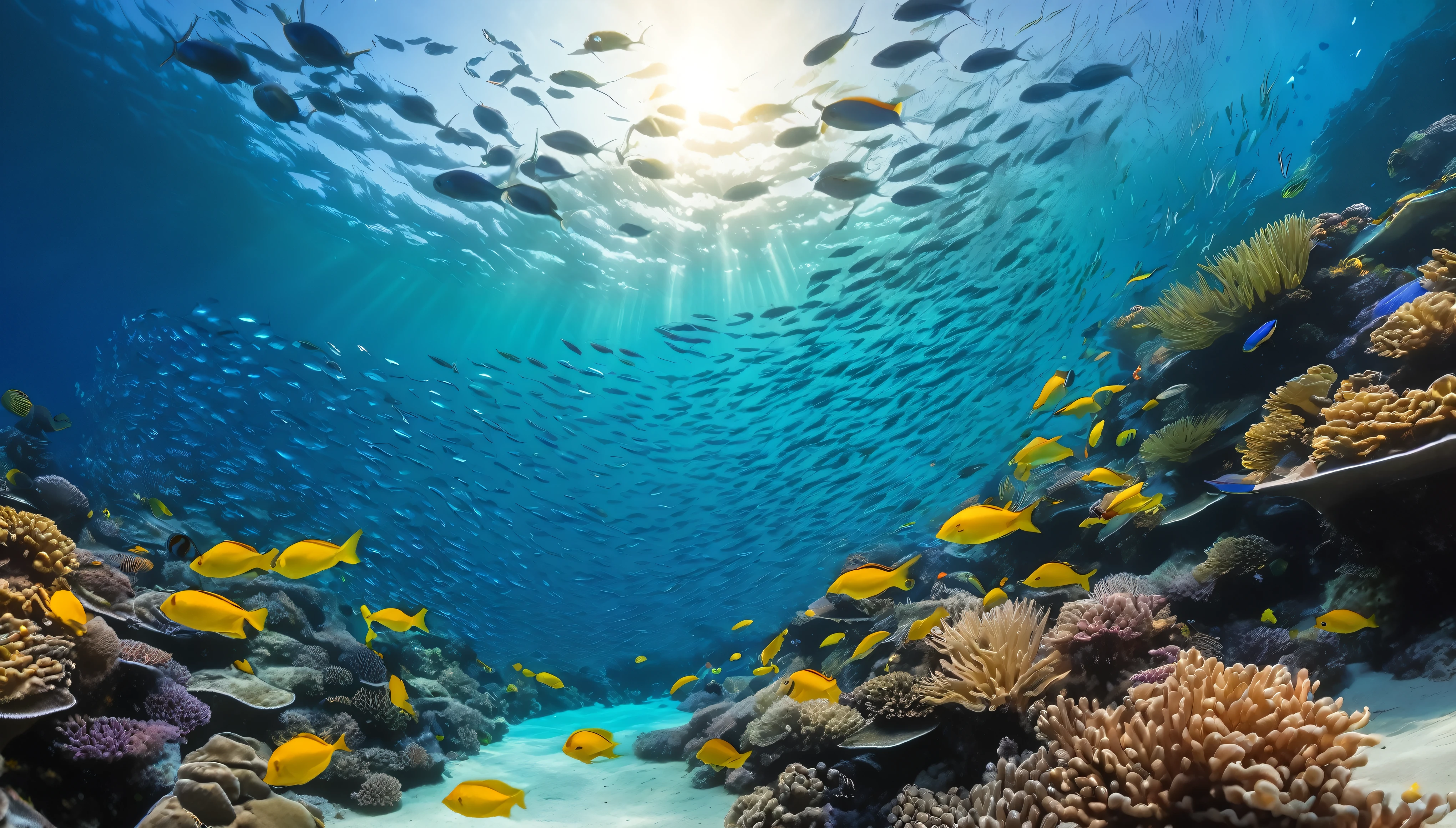 a school of fish,underwater scene,colorful tropical fish,vibrant coral reef,sunlight filtering through water,shoal of fish swimming,detailed aquatic life,dynamic underwater environment,(best quality,4k,8k,highres,masterpiece:1.2),ultra-detailed,(realistic,photorealistic,photo-realistic:1.37),stunning ocean landscape,beautiful marine biology,vivid colors,natural lighting,serene tranquility