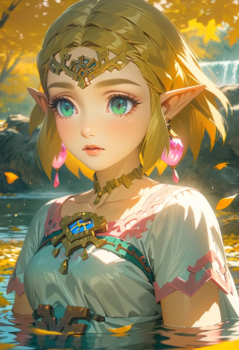 Ultra detailed, highres, absurdres, HDR, Princess Zelda, blond short hair, expressive green eyes, The Legend Of Zelda, water, autumn, petals, orange and yellow leaves, woman, solo, extremely beautiful, very detailed face and eyes, white long dress with pink patterns, pointy ears, realistic face