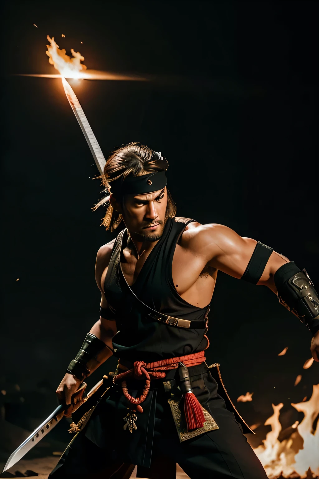 poster of the movie style “TOMBIRUO", title, and credits, highest, ultra-detailed, vivid colours, dramatic lighting, realistic, a muscular Malay man 35yo, long black-haired, pose in fighting action at the middle of a rain forest, large trees, wet and blueish, with a wooden mask holding a Sarawak Iban parang, wearing long black trousers, Leather Arm Guards, high-cut leather boots, bokeh, cinematic, creative design, compelling poster design, visually stunning, visually engaging, attention-grabbing, memorable, film posters 