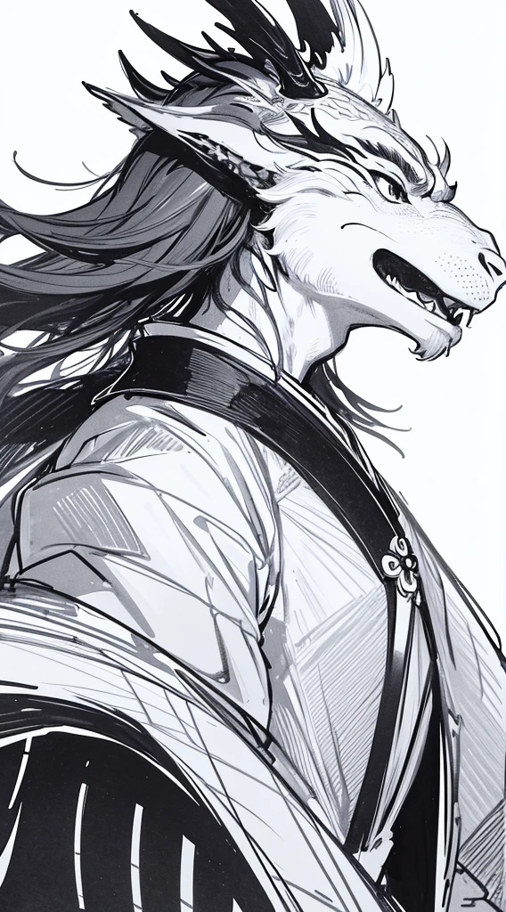 masterpiece, Acura, Happy Dragon, alone, Hanfu, Profile close-up, Fantastic Line art background , White Background, Monochrome, Line art, ((sketch))