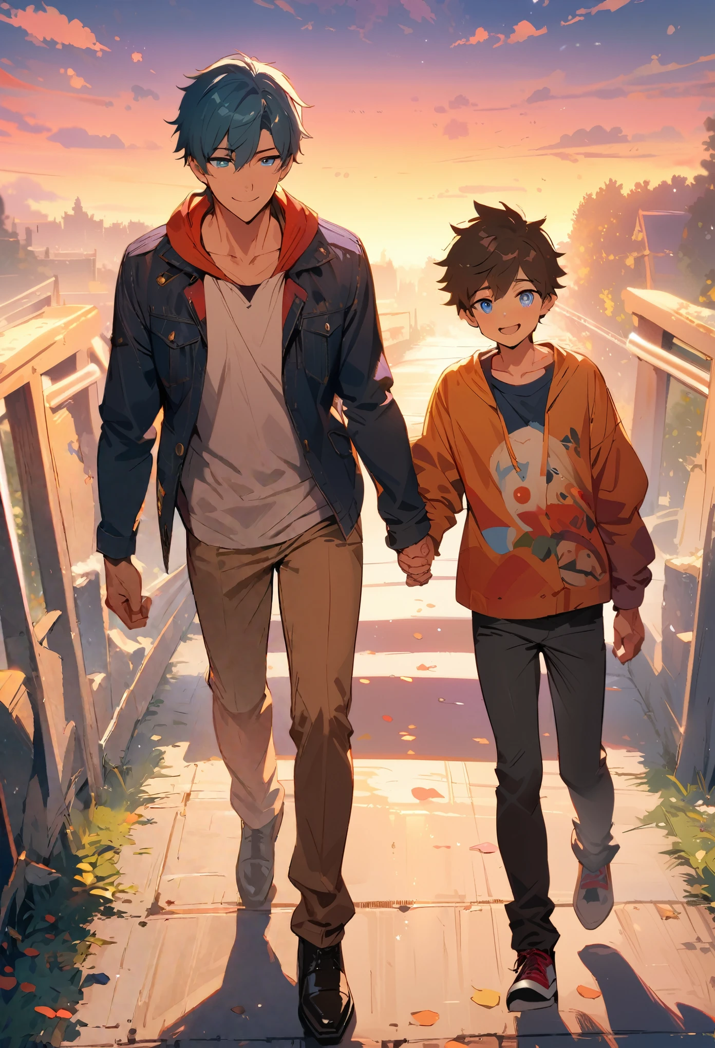 2boy,male only,gay,yaoi,Age difference between siblings,holding hands,smile,On the way home,(detailed eyes),detailed skin,full hand,(masterpiece,best quality:1.4),Top Quality,High quality,Ultra detailed,insanely detailed,anime style