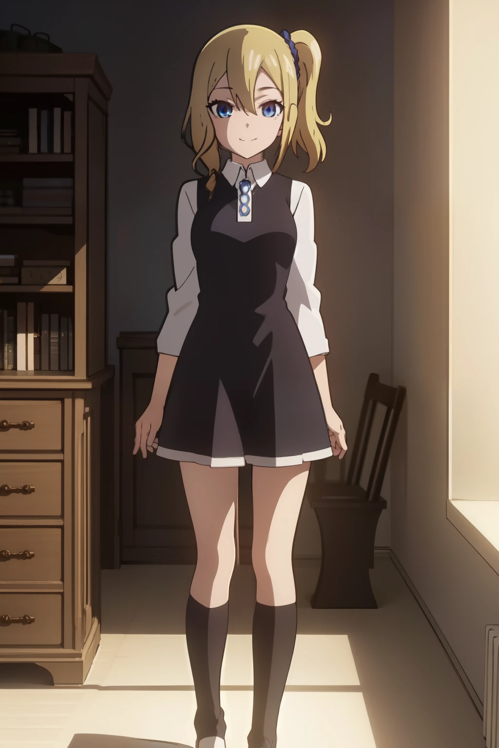 Anime background art, bottom of room, one bed, standing, beautiful anime scenes, 4K anime art wallpaper, 4k anime art wallpaper, Rosla global illumination, anime girl, best quality, detailed, 1 girl, alone, same as LORA, same as lora, closed mouth, light smile, blonde hair, head accessory, hair tie, short hair, ponytail hairstyle, one side ponytail hairstyle, defined eyes, blue eyes, looking at viewer, perfect face, perfect eyes,  costume.
