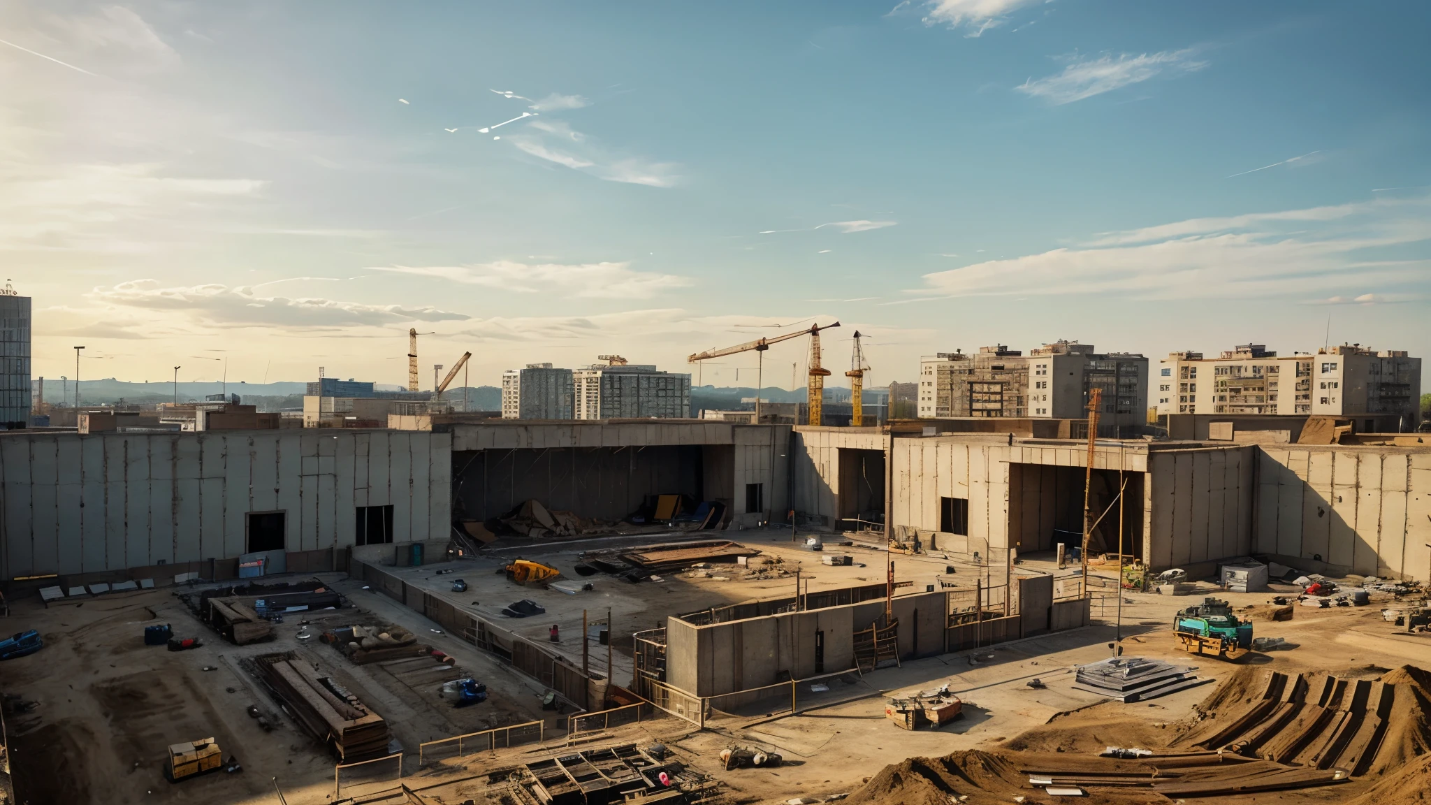 Generate a high-resolution photo showing a construction site with a single building under construction. The background should include visible elements like concrete and rebar, highlighting the ongoing construction process. The photo should have a realistic and professional style, with rich details and natural colors.
