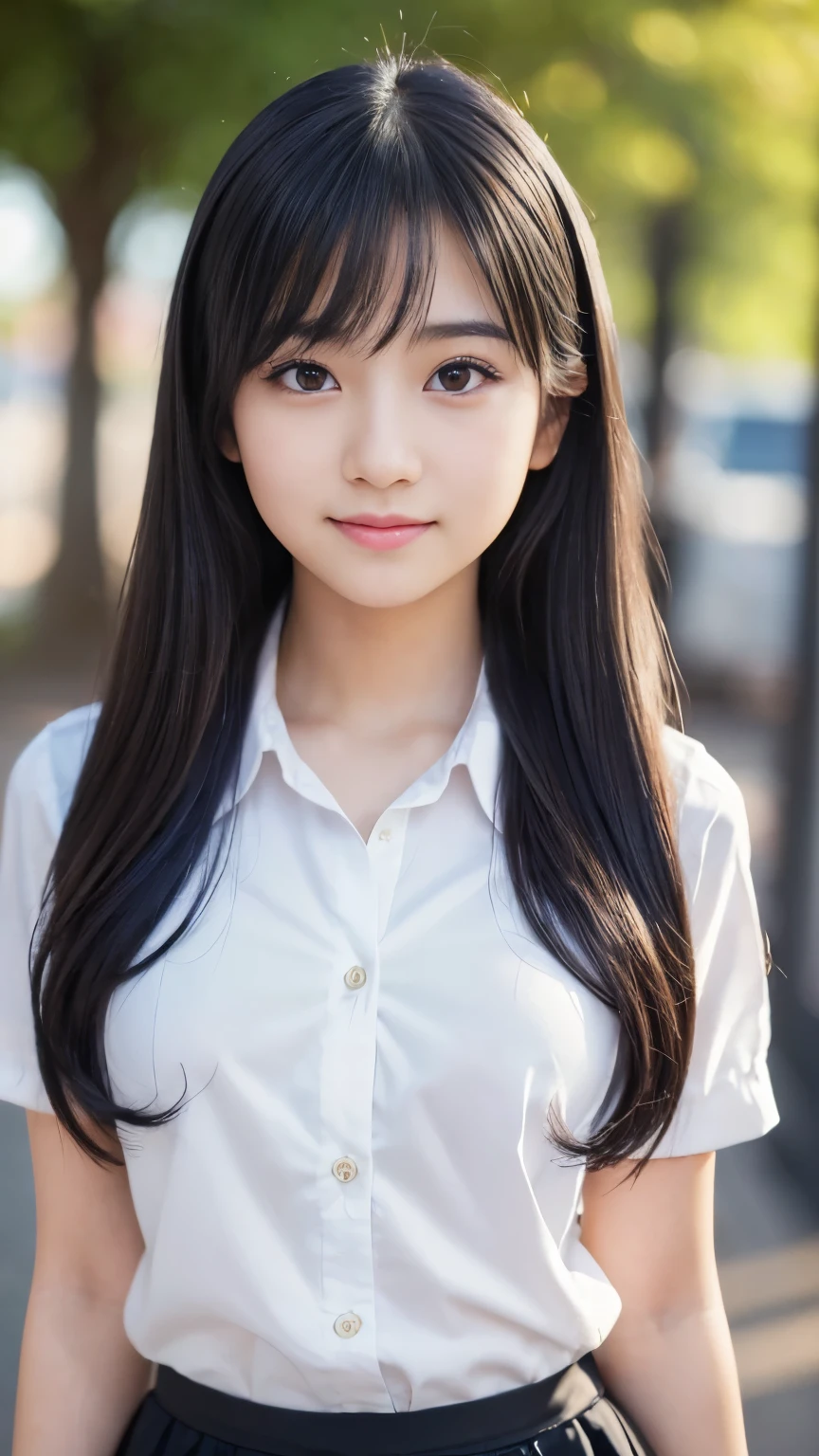 (Best-quality, Masterpiece, Ultra-High-Resolution, (Photorealistic:1.4), Raw Photo, depth of field, professional lighting, perfect anatomy, extremely details), 1girl, 15-years-old, the most famous Japanese idol, in high-school, wearing high-school uniform with cute design, (extremely cute face like the most popular Japanese idol, ((extremely cute ane extremely big black-eyes)), extremely beautiful hair, extremely beautiful skins, extremely cute long-eyelashes, extremely cute lips), extremely beautiful thighs, looking at viewer, innocent smile, dynamic pose