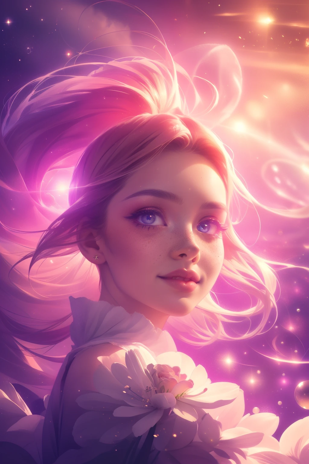 (This is a beautiful, intricate, (romatic) fantasy image that emphasizes beauty and grace.) Generate a blind curvy woman with soft natural freckles. Her face is important and should be (perfectly formed) with (beautiful puffy lips) and (perfect features). There is a cute freckle birthmark on her lip. The image exudes ethereal beauty and soft fantasy, with shimmering shades of pink throughout. Surround her with eternal roses in shimmering shades. Ensure perfection in her face, hair, and eyes. Include sweet and detailed birds and soft, luminous flowers and detailed roses. Utilize dynamic composition and dramatic lighting and cinematic lighting to create an interesting fantasy image. The background of the image is interesting and ultra-detailed, with soft fantasy lighting and gradients. Include fantasy details, cute aura, colorful, colourful, and interesting magical background. The image's background is decorated in shades of pink, shimmer, glitter, and fantasy details like colored bubbles and cosmos. Include subtle freckles, natural freckles and a diffused realistic skin tone. Incorporate elements of high fantasy, whimsy, and detailed elegance. English rose, princess, courtesan, noblewoman, sweet, lovely, calm, lovely, shimmering, glimmering, glittering, astrological fantasy, (((masterpiece))), (highest quality), magic rose, fantasy garden, beautiful face, perfect face, puffy lips, interesting, shy smile, fantasy elements, magic rose, beautiful eyes, perfect puffy lips, jewel tones, luminosity. Taken with a canon camera.