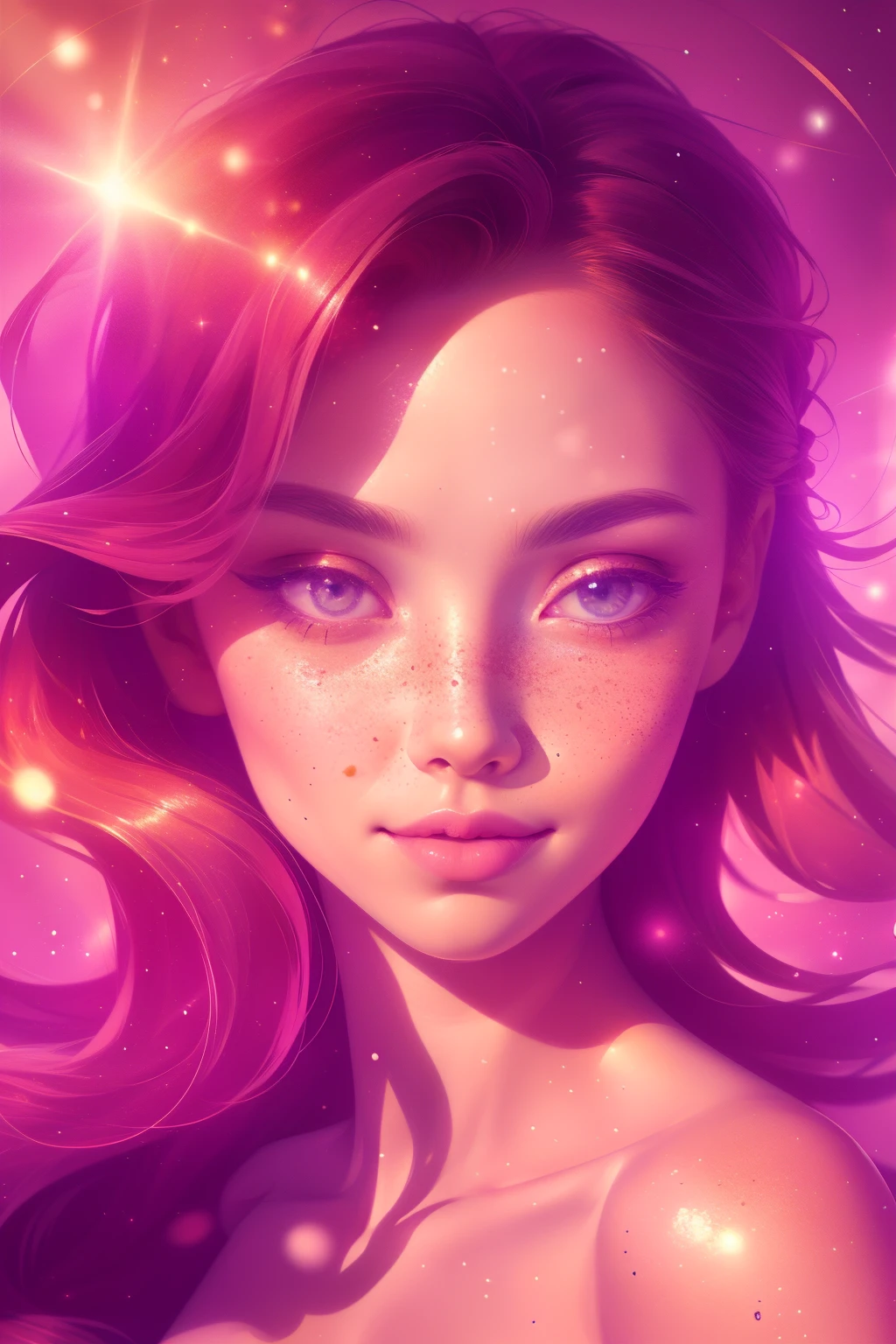 (This is a beautiful, intricate, (romatic) fantasy image that emphasizes beauty and grace.) Generate a blind curvy woman with soft natural freckles. Her face is important and should be (perfectly formed) with (beautiful puffy lips) and (perfect features). There is a cute freckle birthmark on her lip. The image exudes ethereal beauty and soft fantasy, with shimmering shades of pink throughout. Surround her with eternal roses in shimmering shades. Ensure perfection in her face, hair, and eyes. Include sweet and detailed birds and soft, luminous flowers and detailed roses. Utilize dynamic composition and dramatic lighting and cinematic lighting to create an interesting fantasy image. The background of the image is interesting and ultra-detailed, with soft fantasy lighting and gradients. Include fantasy details, cute aura, colorful, colourful, and interesting magical background. The image's background is decorated in shades of pink, shimmer, glitter, and fantasy details like colored bubbles and cosmos. Include subtle freckles, natural freckles and a diffused realistic skin tone. Incorporate elements of high fantasy, whimsy, and detailed elegance. English rose, princess, courtesan, noblewoman, sweet, lovely, calm, lovely, shimmering, glimmering, glittering, astrological fantasy, (((masterpiece))), (highest quality), magic rose, fantasy garden, beautiful face, perfect face, puffy lips, interesting, shy smile, fantasy elements, magic rose, beautiful eyes, perfect puffy lips, jewel tones, luminosity. Taken with a canon camera.