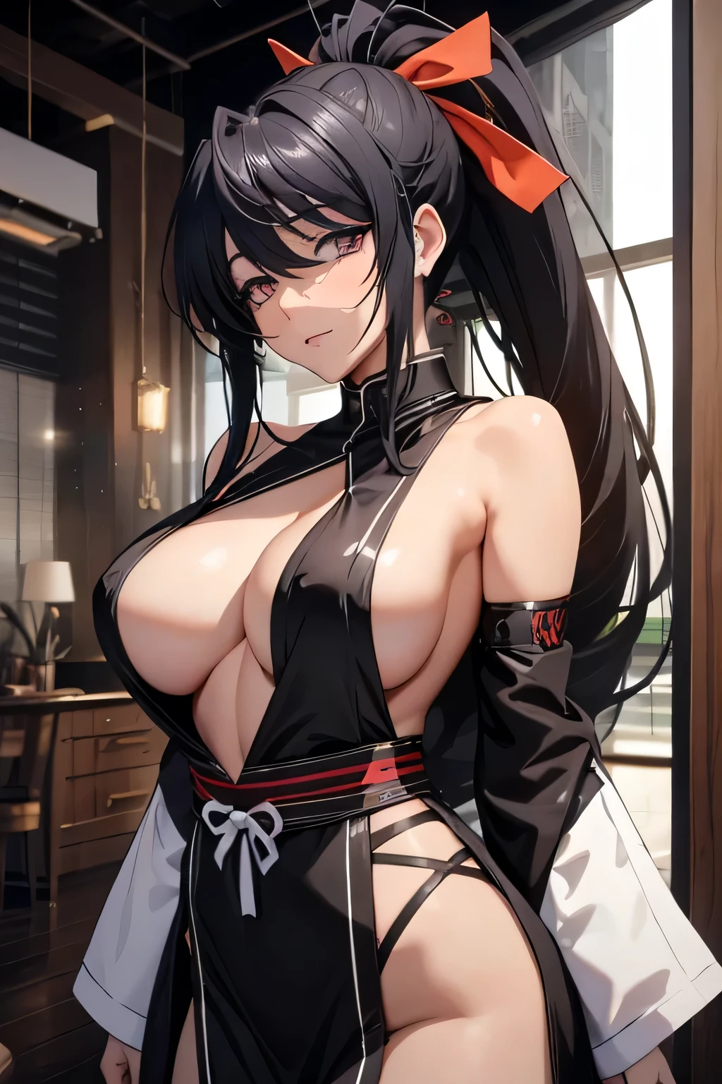 1 woman, akeno himejima, long black hair, ponytail, ((detailed eyes:1.2)), wearing translucent miko outfit, sexy, sensual, sleeveless, sideboob, underboob, masterpiece, top quality, best quality, official art, beautiful and aesthetic:1.2), extreme detailed, colorful, highest detailed