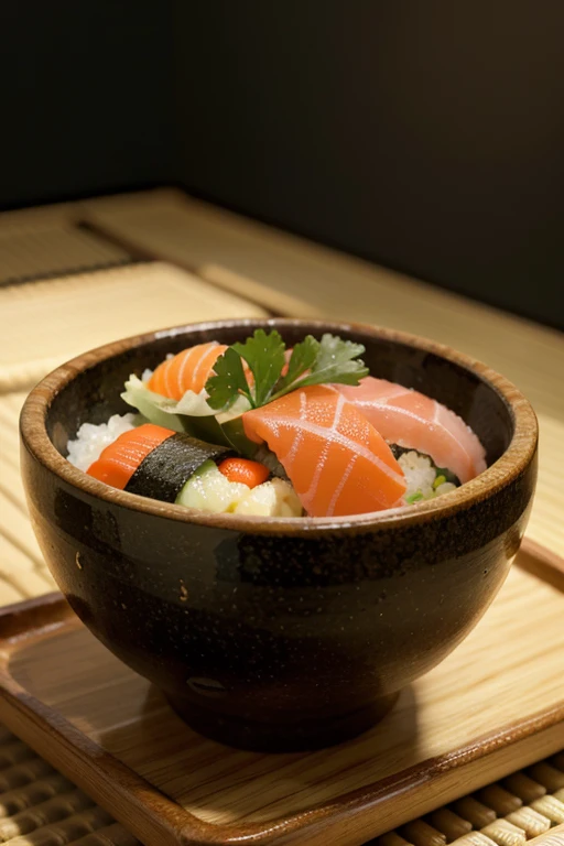 A bowl of delicious sushi,High-definition photo quality,Wonderful photography composition,The vivid and delicate texture of the ingredients,Fresh and natural tones,Gentle and soft lighting,Exquisite and elegant Japanese style