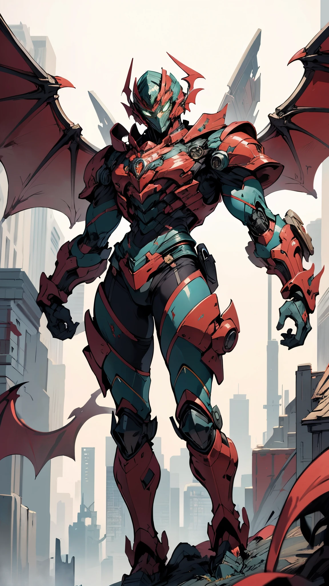 A man wearing a full-face helmet, a fantasy-style biotech armored combat suit, green eyes, (a composite layered chest armor), fully enclosed shoulder guards, matching arm and leg guards, the belt is adorned with fangs biting into gemstone, (the color scheme is primarily blue with black and red accents), the design balances heavy with agility, a high-tech bio-mecha armor, (Armor Concept Inspired by Vampire, the huge cape fluttering in the wind, stand on the top of a skyscraper in a futuristic sci-fi city), this character embodies a finely crafted fantasy-surreal style armored hero in anime style, exquisite and mature manga art style, (battle damage, element, blood, plasma, energy, the armor glows), ((male:1.5)), metallic, real texture material, dramatic, high definition, best quality, highres, ultra-detailed, ultra-fine painting, extremely delicate, professional, perfect body proportions, golden ratio, anatomically correct, symmetrical face, extremely detailed eyes and face, high quality eyes, creativity, RAW photo, UHD, 32k, Natural light, cinematic lighting, masterpiece-anatomy-perfect, masterpiece:1.5