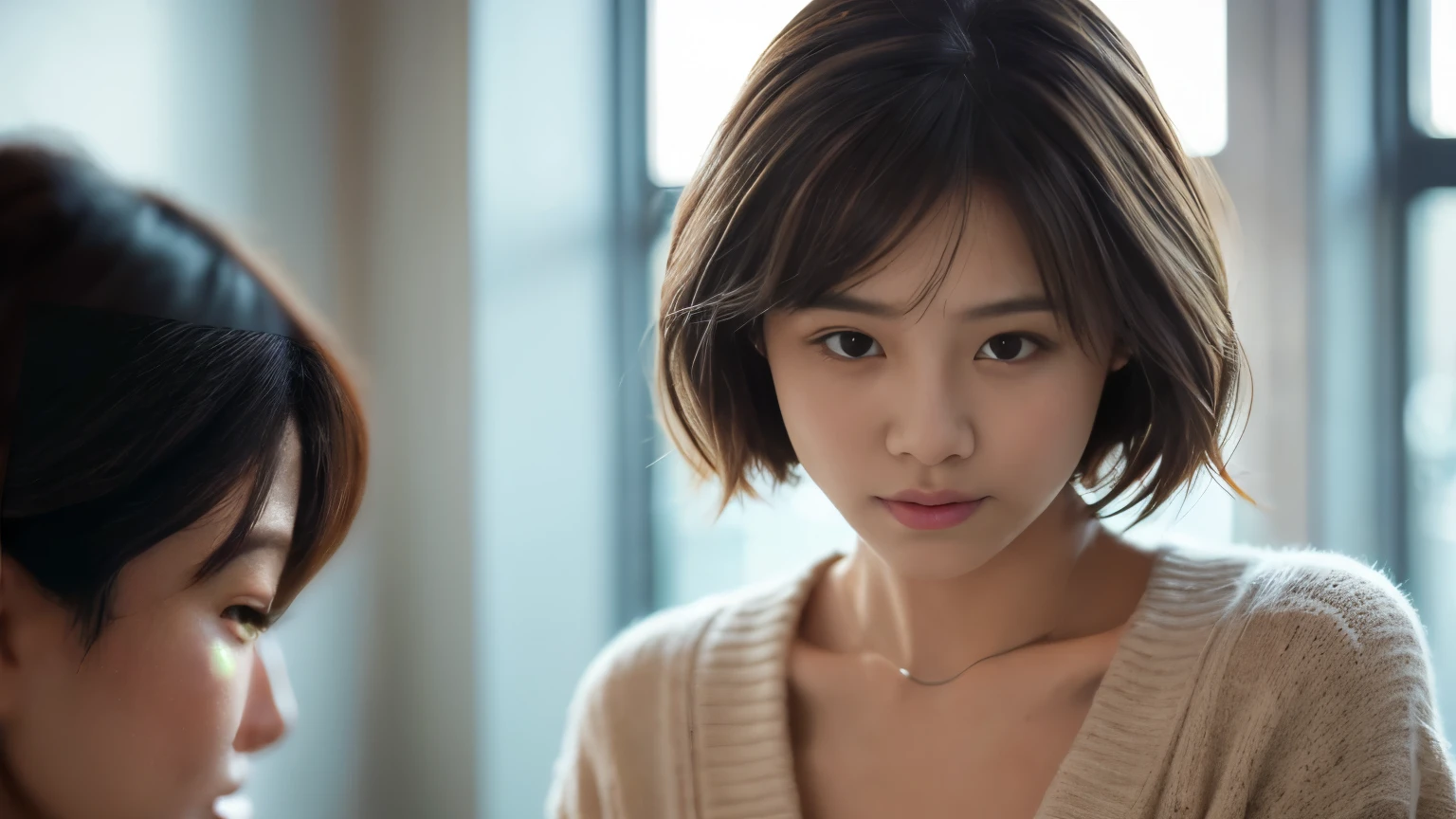 (highest quality、8K、32k、masterpiece、nffsw:1.2)、cute japanese women photos、big and full breasts、very short bobbed hair、Upper body、surface focus、extra large_sweater、necklace、Background of the café、From above、Viewer looking x4、(8K、RAW photo、highest quality、masterpiece:1.2)、(realistic、Photoreal:1.37)、1 girl、cute、professional lighting、photon mapping、Physically based rendering、gradient brunette hair、short curly hair、Handsome、girly、excellent image quality、High resolution、1080p、(clean face)、(Detailed facial description)、(Detailed hand explanation)、(Masseter muscle part)、(Detailed CG)、 extreme light and shadow、hair is dirty、masterpiece、rich details、(exquisite features)、(best image quality)、(masterpiece)、(detailed eye)、looking forward to your eyes、delicate clavicle、Various poses、Don'don't watch the mela、profile、Photographed inside the cafe、Spring clothes、simple necklace、light blue knit