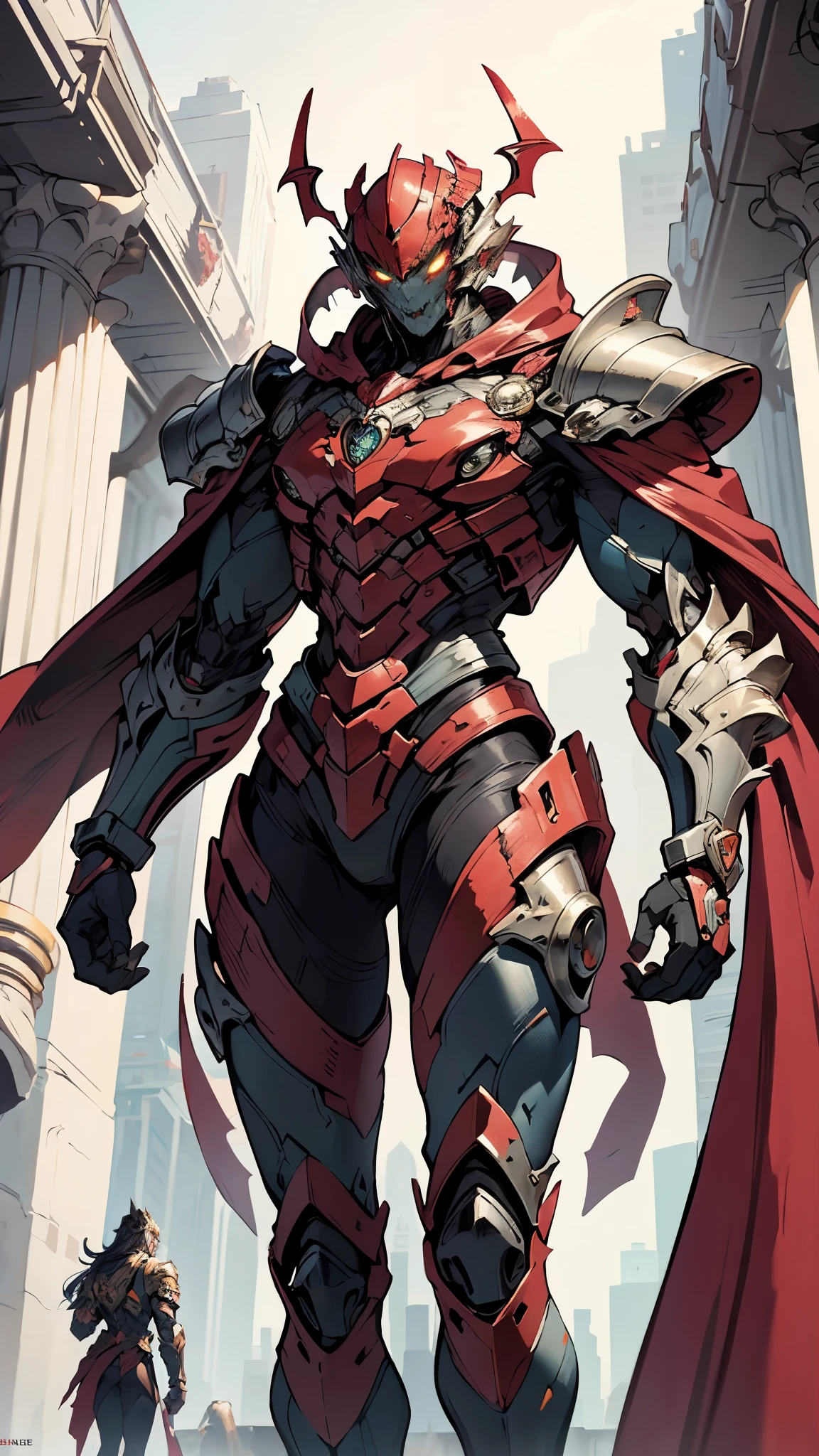 A man wearing a full-face helmet, a fantasy-style biotech armored combat suit, green eyes, (a composite layered chest armor), fully enclosed shoulder guards, matching arm and leg guards, the belt is adorned with fangs biting into gemstone, (the color scheme is primarily blue with black and red accents), the design balances heavy with agility, a high-tech bio-mecha armor, (Armor Concept Inspired by Vampire, the huge cape fluttering in the wind, stand on the top of a skyscraper in a futuristic sci-fi city), this character embodies a finely crafted fantasy-surreal style armored hero in anime style, exquisite and mature manga art style, (battle damage, element, blood, plasma, energy, the armor glows), ((male:1.5)), metallic, real texture material, dramatic, high definition, best quality, highres, ultra-detailed, ultra-fine painting, extremely delicate, professional, perfect body proportions, golden ratio, anatomically correct, symmetrical face, extremely detailed eyes and face, high quality eyes, creativity, RAW photo, UHD, 32k, Natural light, cinematic lighting, masterpiece-anatomy-perfect, masterpiece:1.5