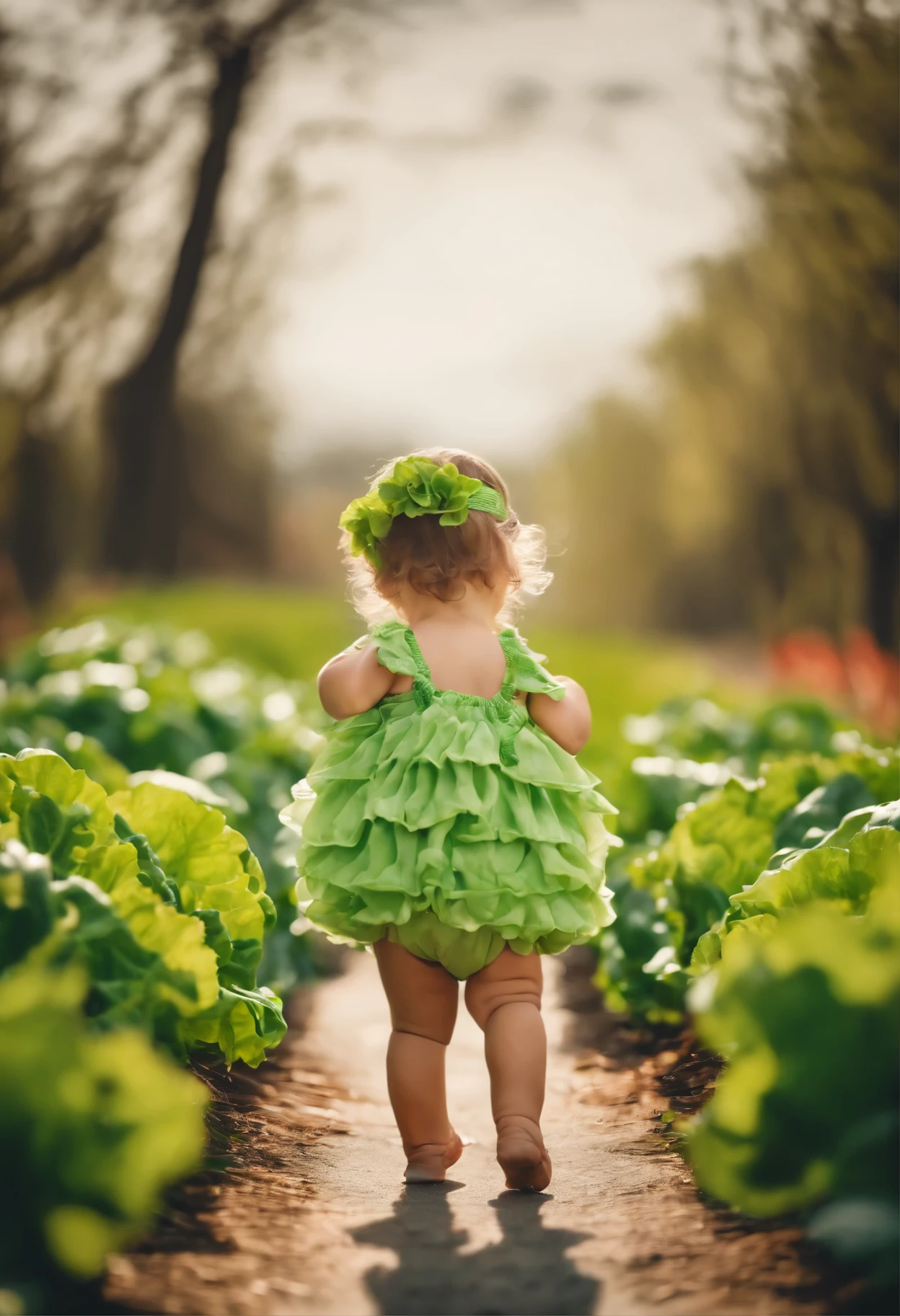 Create a picture of a little wearing a cute lettuce outfit.