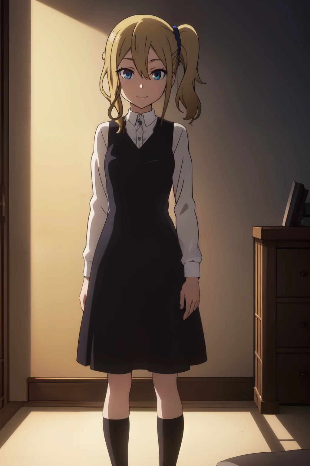 Anime background art, bottom of room, one bed, standing, beautiful anime scenes, 4K anime art wallpaper, 4k anime art wallpaper, Rosla global illumination, anime girl, best quality, detailed, 1 girl, alone, same as LORA, same as lora, closed mouth, light smile, blonde hair, head accessory, hair tie, short hair, ponytail hairstyle, one side ponytail hairstyle, defined eyes, blue eyes, looking at viewer, perfect face, perfect eyes,  costume.
