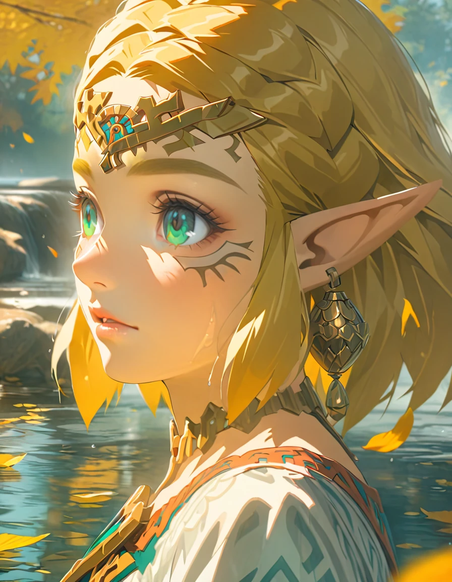 Ultra detailed, highres, absurdres, HDR, Princess Zelda, blond short hair, expressive green eyes, The Legend Of Zelda, water, autumn, petals, orange and yellow leaves, woman, solo, extremely beautiful, very detailed face and eyes, white long dress with patterns, pointy ears, realistic face